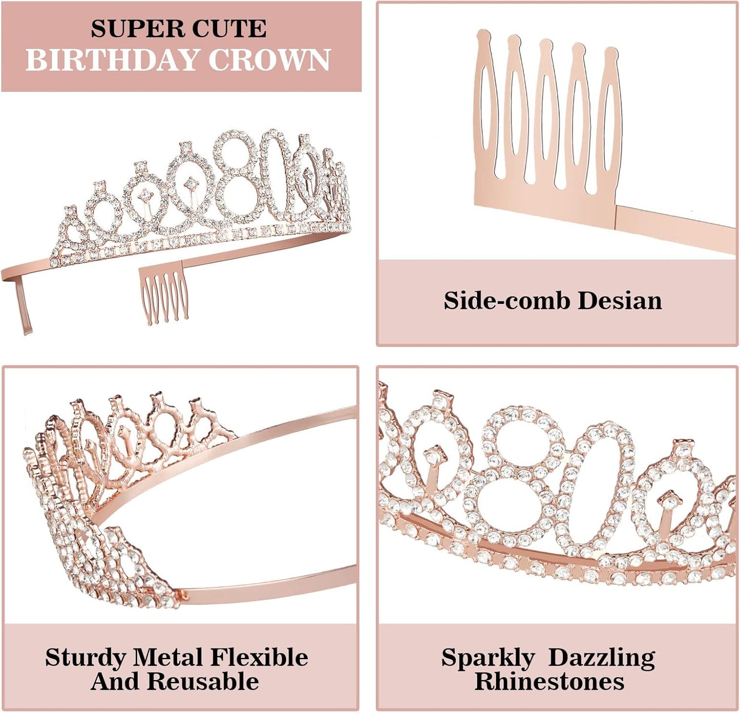 80th Birthday Decorations for Women, Including 80th Birthday Sash and Crown, Cake Topper and Candles, 80 Year Old Gifts for Women