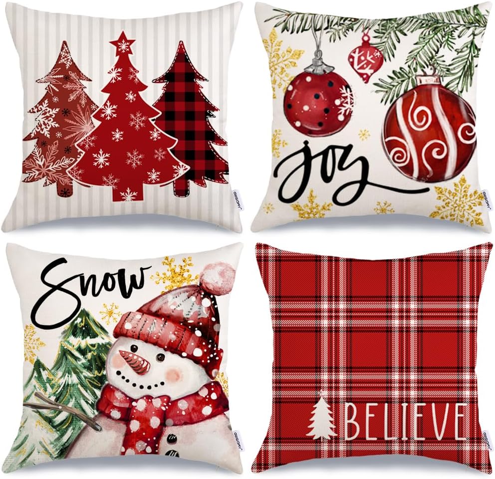 GEEORY Winter Christmas Throw Pillow Covers 16 x 16 Inch Set of 4, Xmas Trees Snowflake Snowman Joy Holiday Farmhouse Decorative Cushion Cases for Home Decoration G583-16