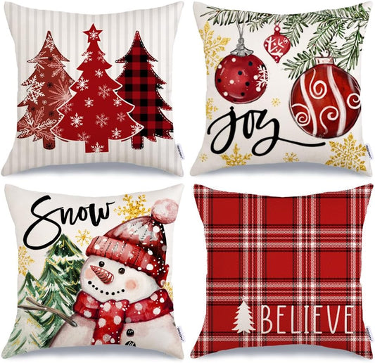 GEEORY Winter Christmas Throw Pillow Covers 16 x 16 Inch Set of 4, Xmas Trees Snowflake Snowman Joy Holiday Farmhouse Decorative Cushion Cases for Home Decoration G583-16