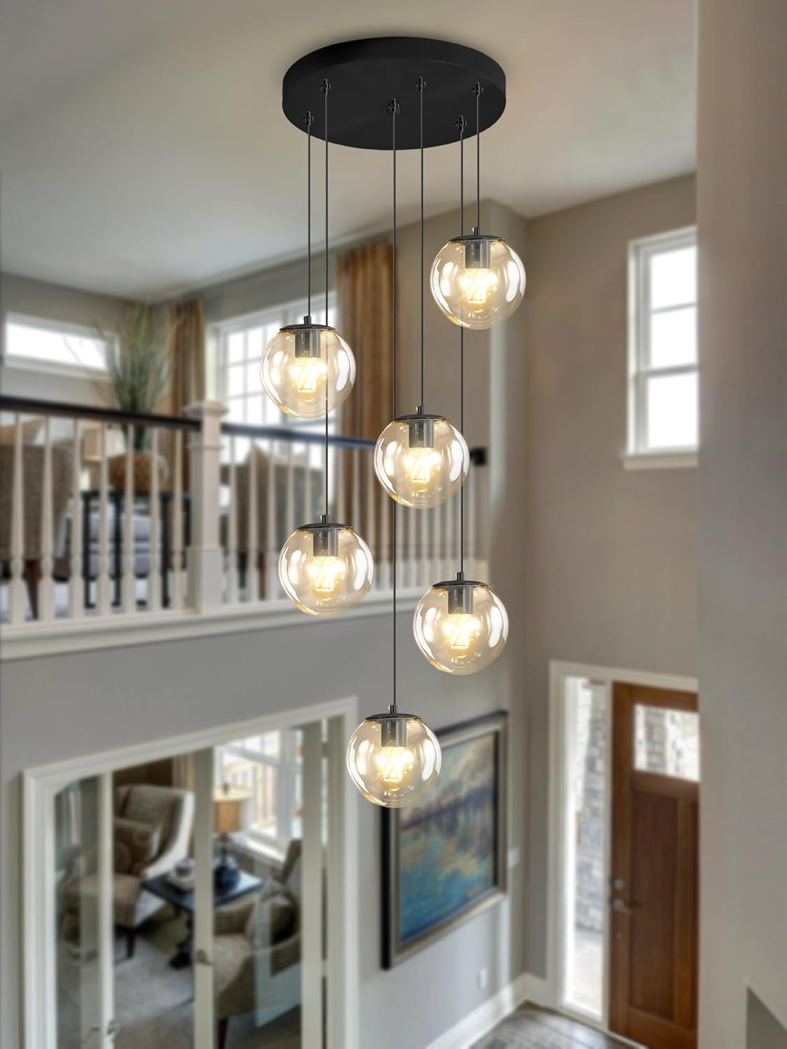 H 87in Modern Glass Globe Chandelier 6-Lights Glass Pendant Light for Staircase Black Globe Chandelier Clear Glass Hanging Lighting for Living Room Bedroom Entryway
