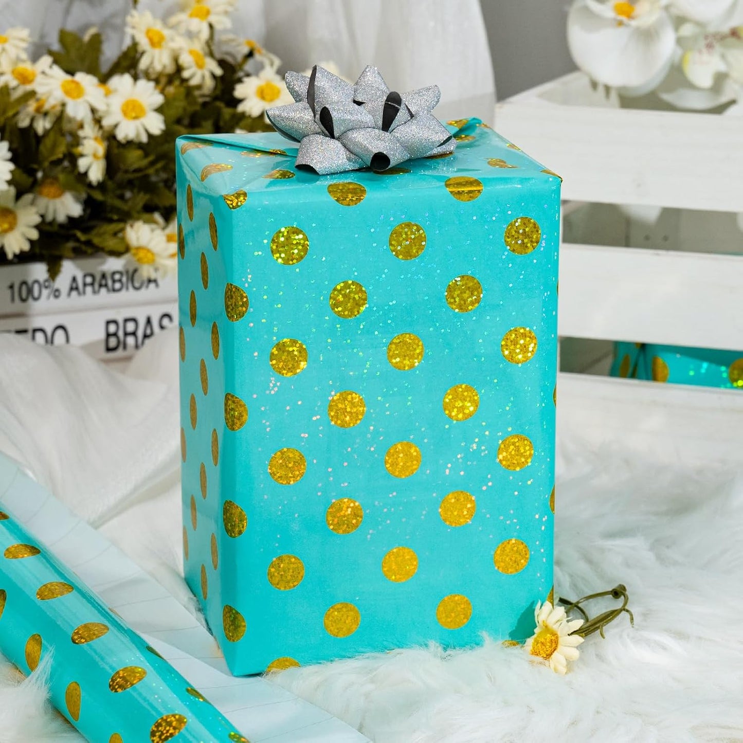 Burymento Blue Holographic Dots Wrapping Paper, Reversible Gold Gift Wrap for Birthday, Valentines, Mothers day, Graduation, Wedding, Fathers day, Baby Shower, Christmas (17in x 16.4ft)