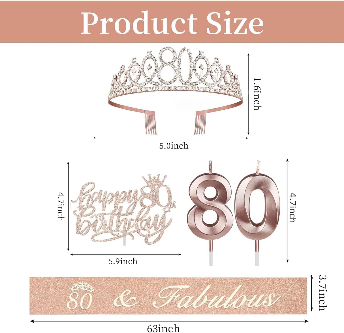 80th Birthday Decorations for Women, Including 80th Birthday Sash and Crown, Cake Topper and Candles, 80 Year Old Gifts for Women