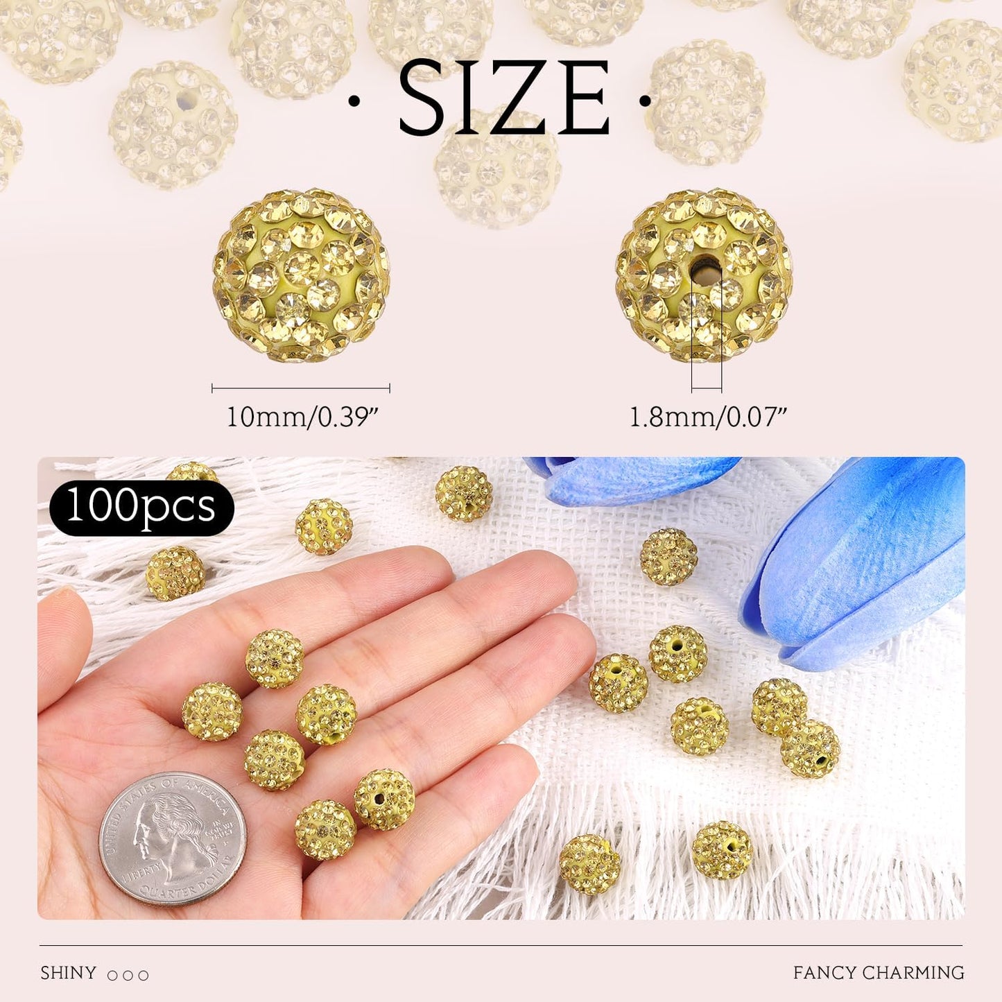 100pcs 10mm Rhinestone Beads for Jewelry Making, Light Yellow Shiny Round Shamballa Disco Beads Bulk, Sparkle Crystal Clay Christmas for Bracelet Baseball Necklace Earring Crafting and DIY
