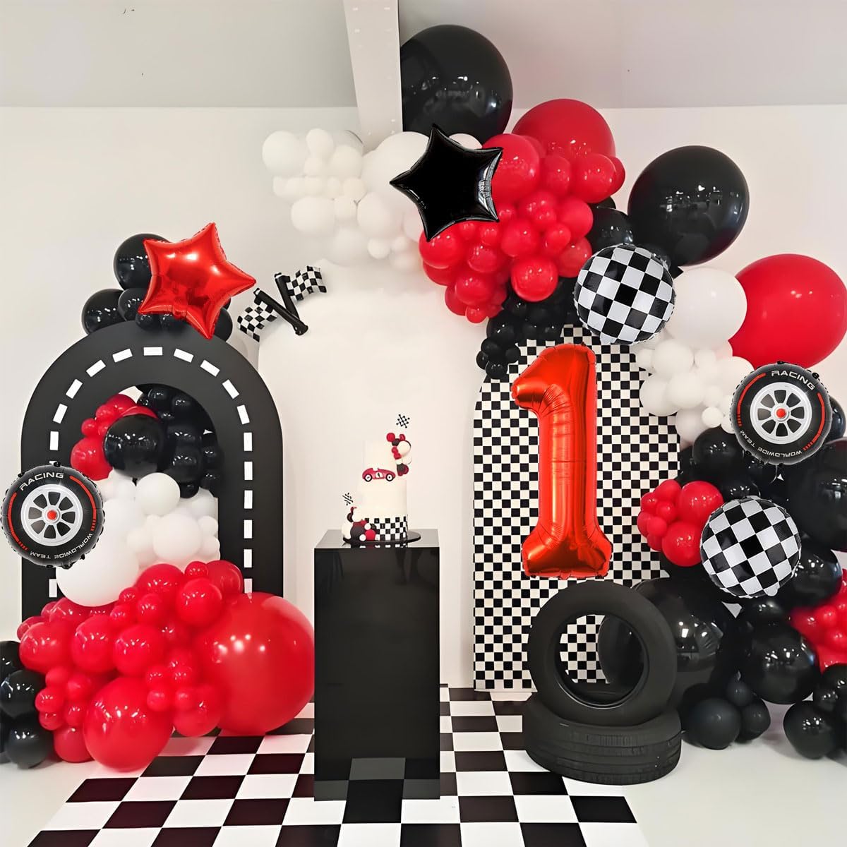 Race Car Birthday Party Decorations - 40 Inch Mylar Red Number 1 Balloons - Black Foil Checkered Race Car Balloons for 1st Birthday Race Cars Themed Party Decorations