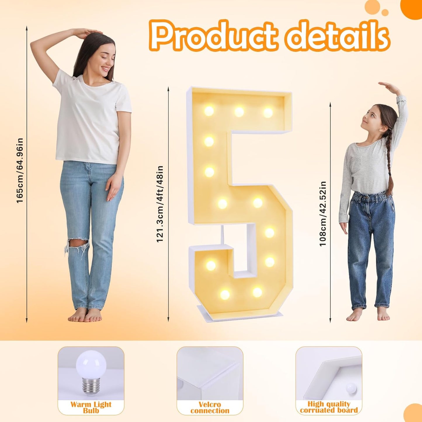 4ft Number 5 Light Up Sign, Modern Marquee for Numbers 4 Feet Tall, Polypropylene Material, Tabletop Mount, Perfect for Party Decorations