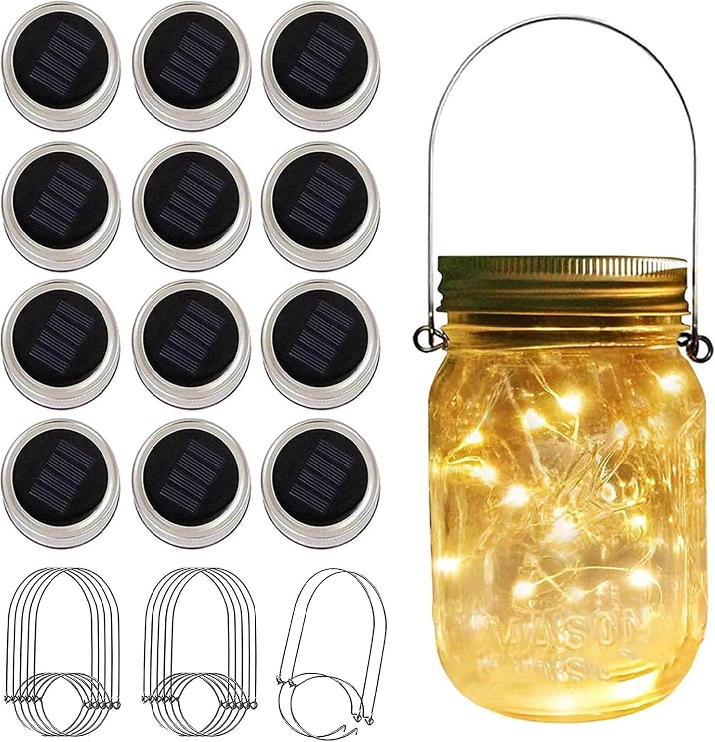 12 Pack Solar Mason Jar Lights for Outside, 30 LED Solar Mason Jar Lids Fairy Lights with 12 Hangers(No Jars) Outdoor Waterproof for DIY Patio Garden Yard Lawn Party Wedding Decoration Warm White