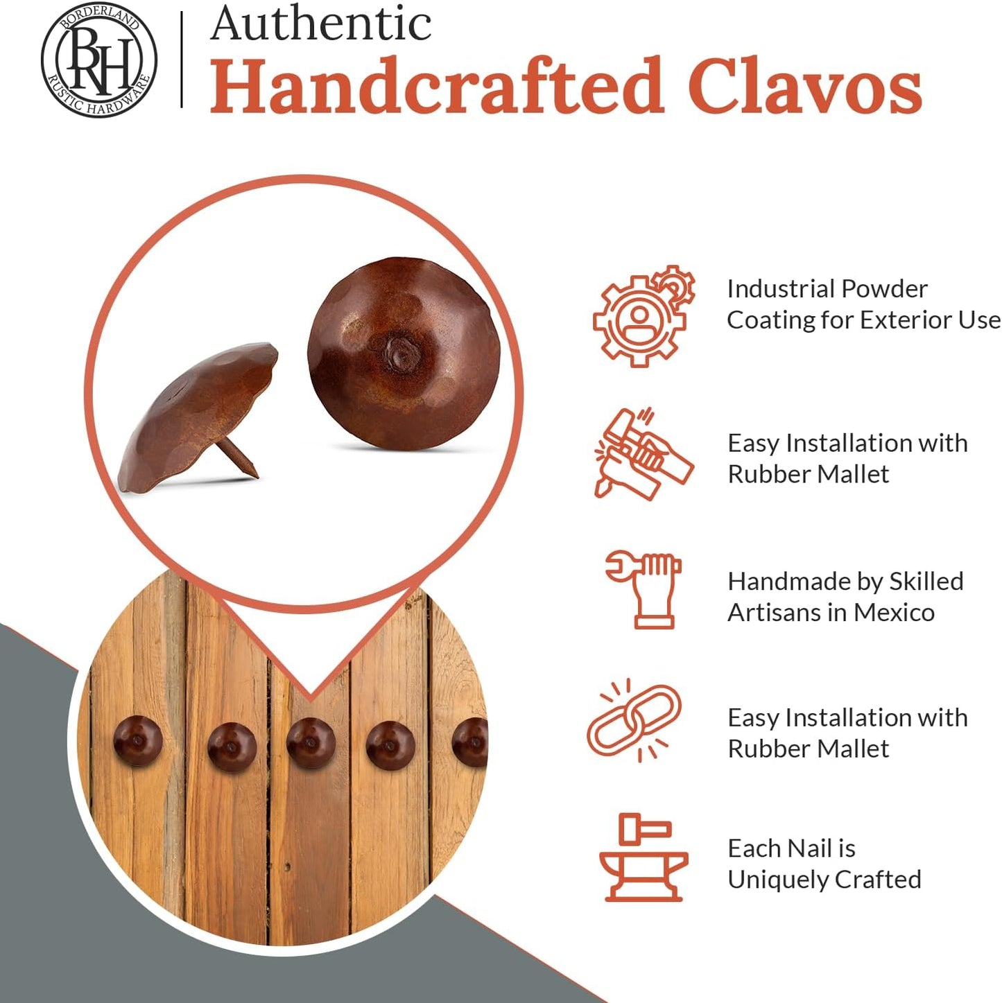 50 Pack 2" Round Head Iron Clavos Decorative Nails – Sealed Rusted – Handmade Rustic Round Fasteners for Farmhouse Shutters, Faux Wood Beams, Barn Doors, Shutters, Gates – Ornamental Wood Accent