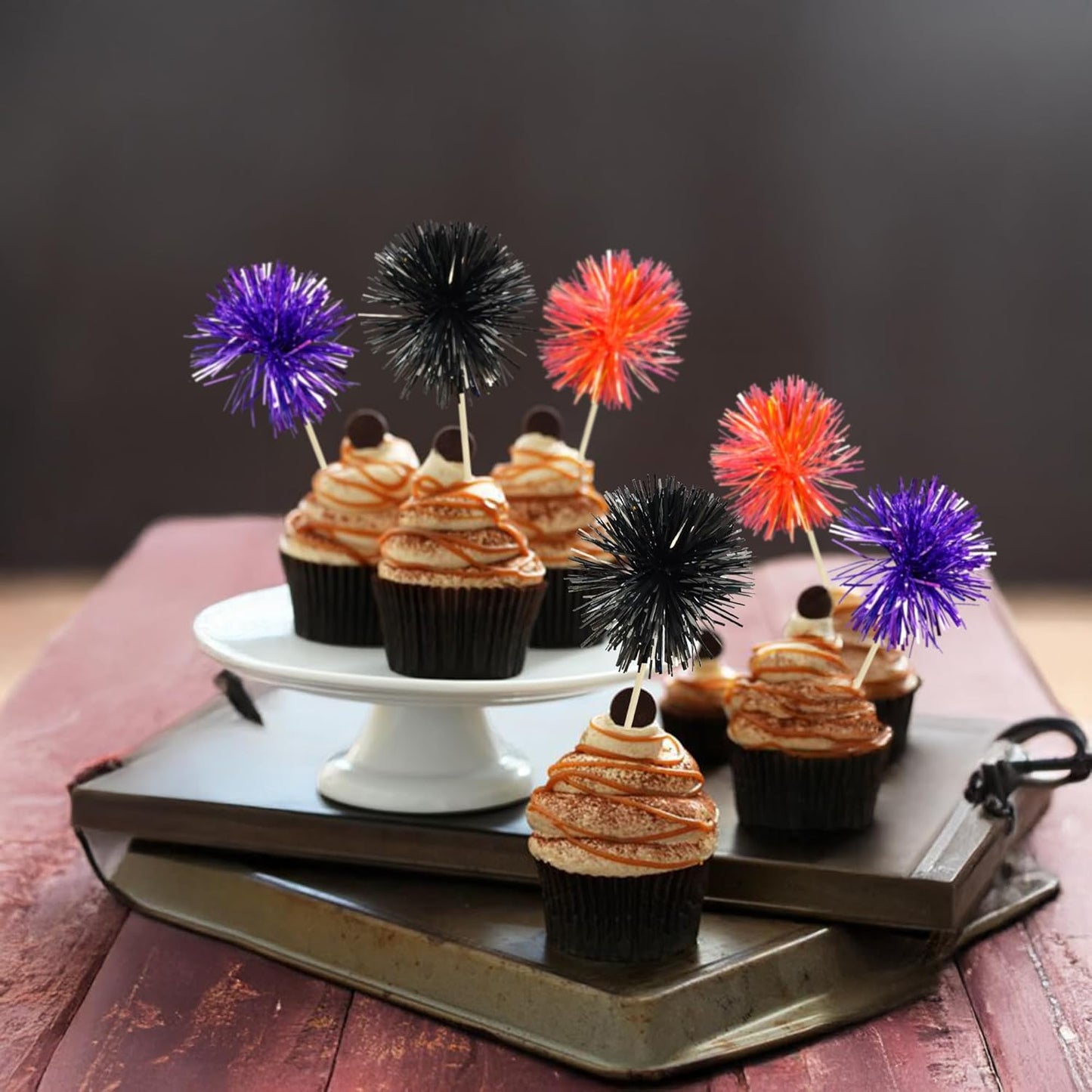 Gyufise 30Pcs Foil Firework Cupcake Toppers Sparkle Tinsel Cake Toppers Tinsel Drink Cake Decoration Cocktail Picks for Halloween Birthday Wedding Graduation Party Supplies Purple Black Orange