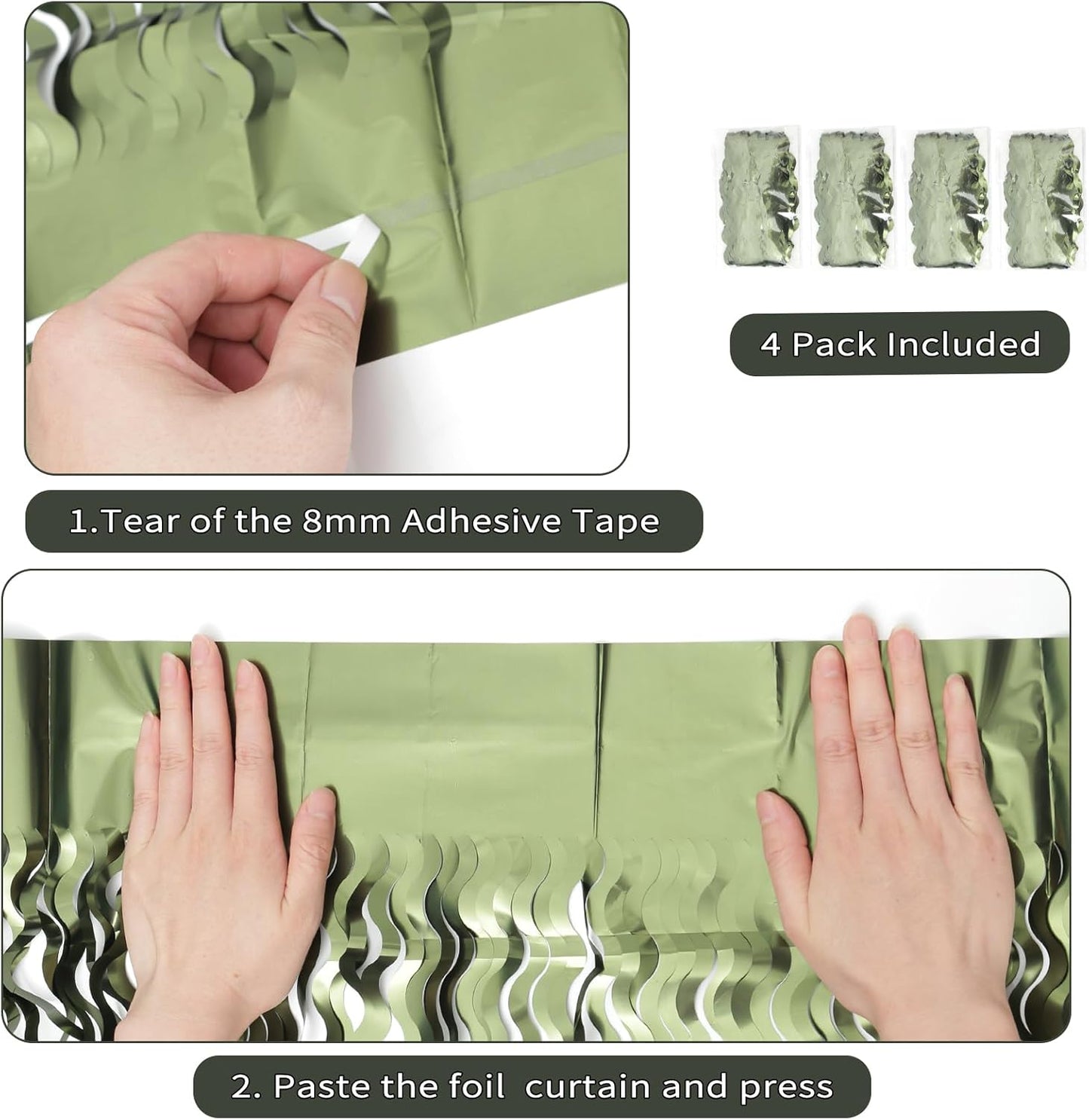4 Pack Wavy Olive Green Streamers Backdrop Jungle Party Decorations - 3.3x6.6ft Foil Fringe Curtains Photo Booth for Dinosaur Animal St Patrick's Day Football Decor