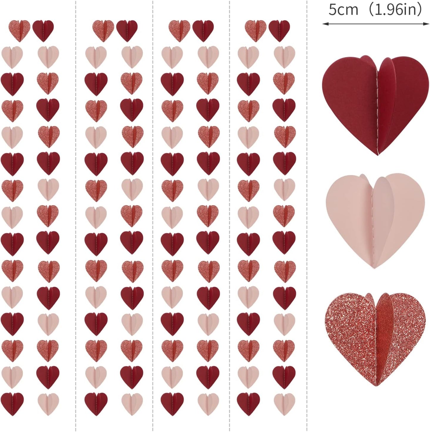 Rose-Gold Pink Burgundy-Red 3D-Heart Garland - 39Ft Party Decorations Hanging Paper Streamers Banner,Engagement Wedding Bachelorette Baby Bridal Shower Decor Ouruola