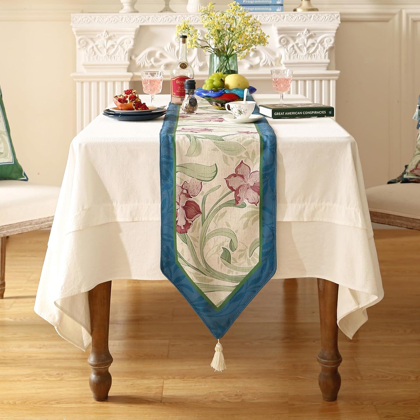 patdrea Designer Elegant Bright Linen Table Runner 71 Inch Long, Mauve Iris Floral Pattern Table Mat, Decoration for Kitchen Dining Table Coffee Table Shelf Cabinet Banquet Christmas ,12"*71"