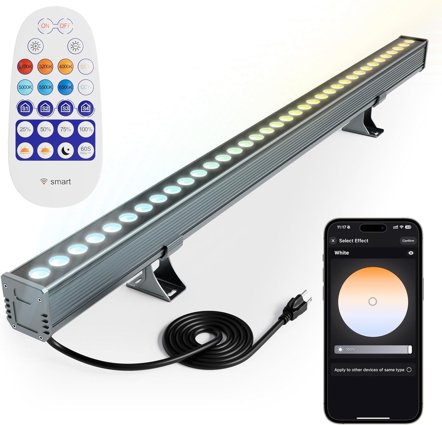 Smart Wall Washer Lights Adjustable Color Temperature 2700K-6500K,72W 9600lm 1%-100% Brightness Dimmable LED Bar Light APP & Remote Control for Outdoor, Compatible with Alexa/Google Assistant