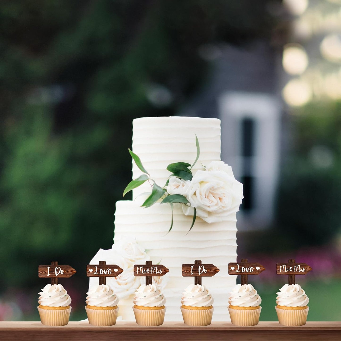 12 PCS Rustic Wedding Cupcake Toppers in Wood Wedding Engagement Cake Decorations