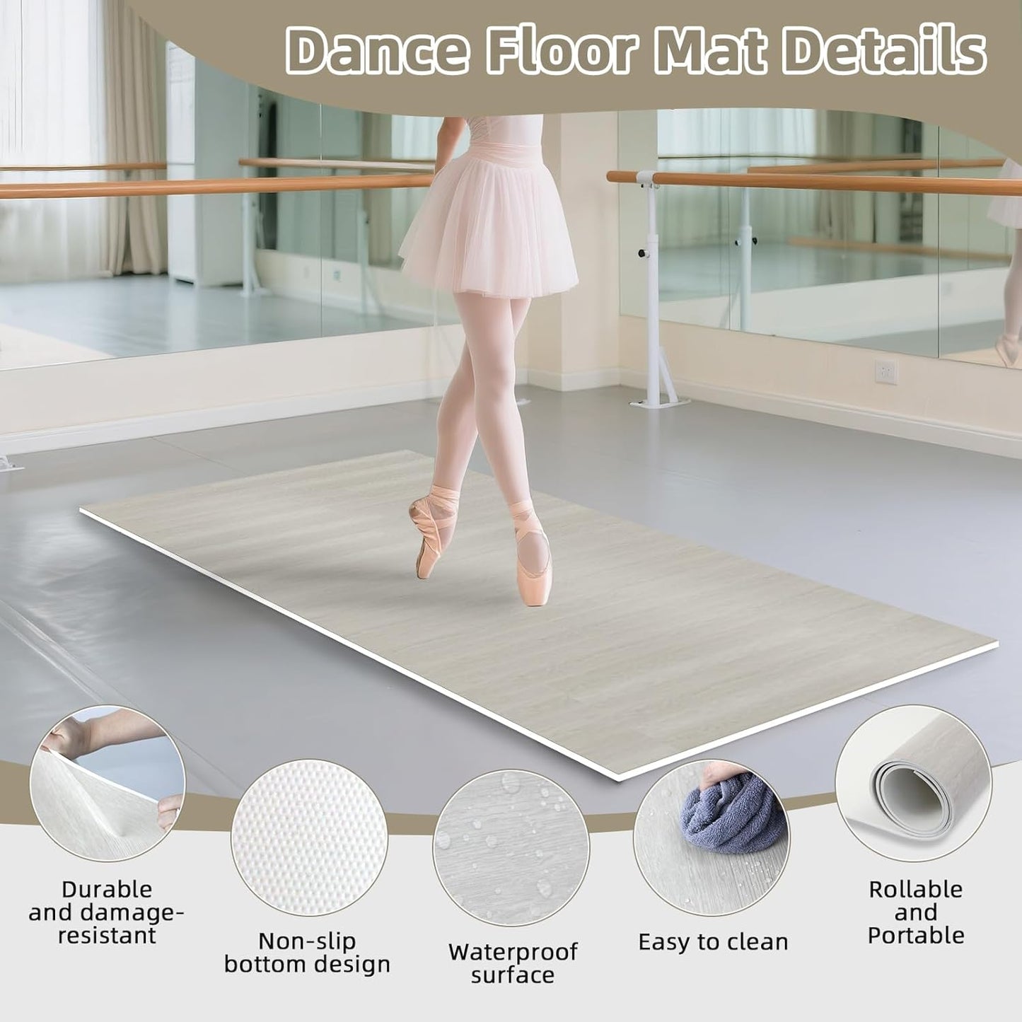 Dance Floor Mat Non-Slip with Shoulder Strap Portable and Dance Resistance Band, Dance Floor for Ballet,Jazz, Pop Thick PVC Practice Floor Reusable Mat (Light Natural Wood Color, 200cm*90cm*0.5cm)