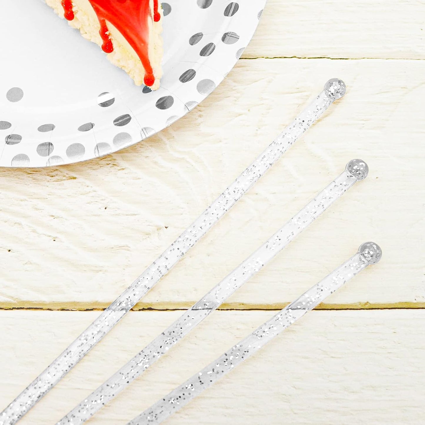 50-PCS Silver Glitter Plastic Swizzle Sticks, Crystal Cake Pops, Cocktail Coffee Drink Stirrers, Lolipop Stick, 7.24 Inch