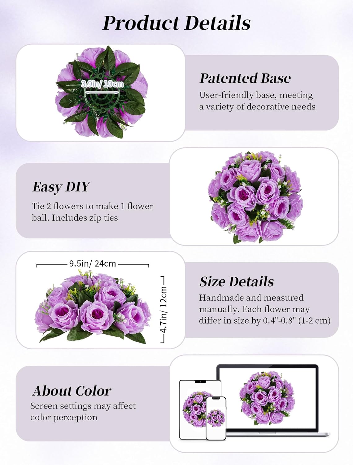 BLOSMON Flower Balls Wedding Rose Centerpieces 6 Pcs Lilac Fake Flowers Kissing Balls Decor Artificial Floral Arrangements Flower Bouquet of Roses Home Party Room Table DIY Decorations