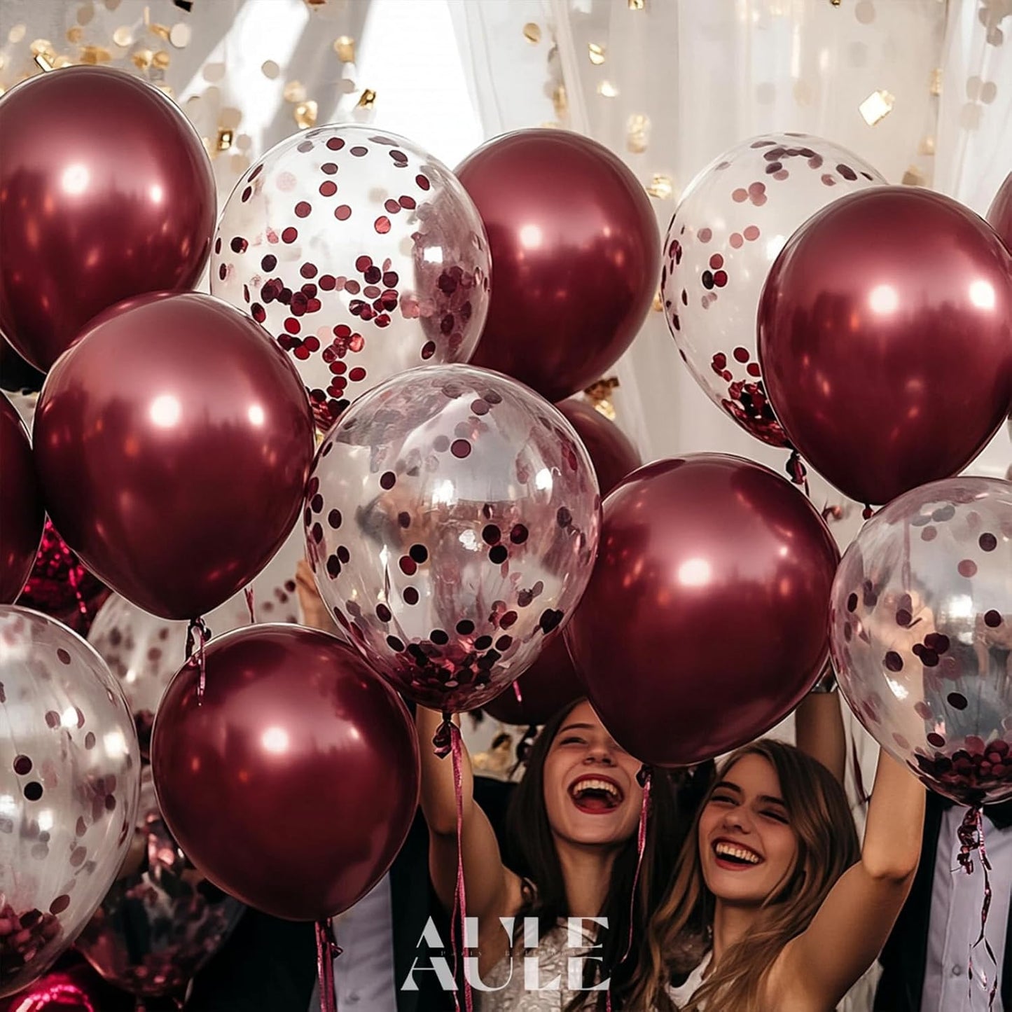 AULE Party Balloons Pack of 42 - Metallic Burgundy Balloons and Confetti Latex Helium Balloons With 64ft Ribbons - 12 Inch Mroon Chrome Balloon Decoration Set