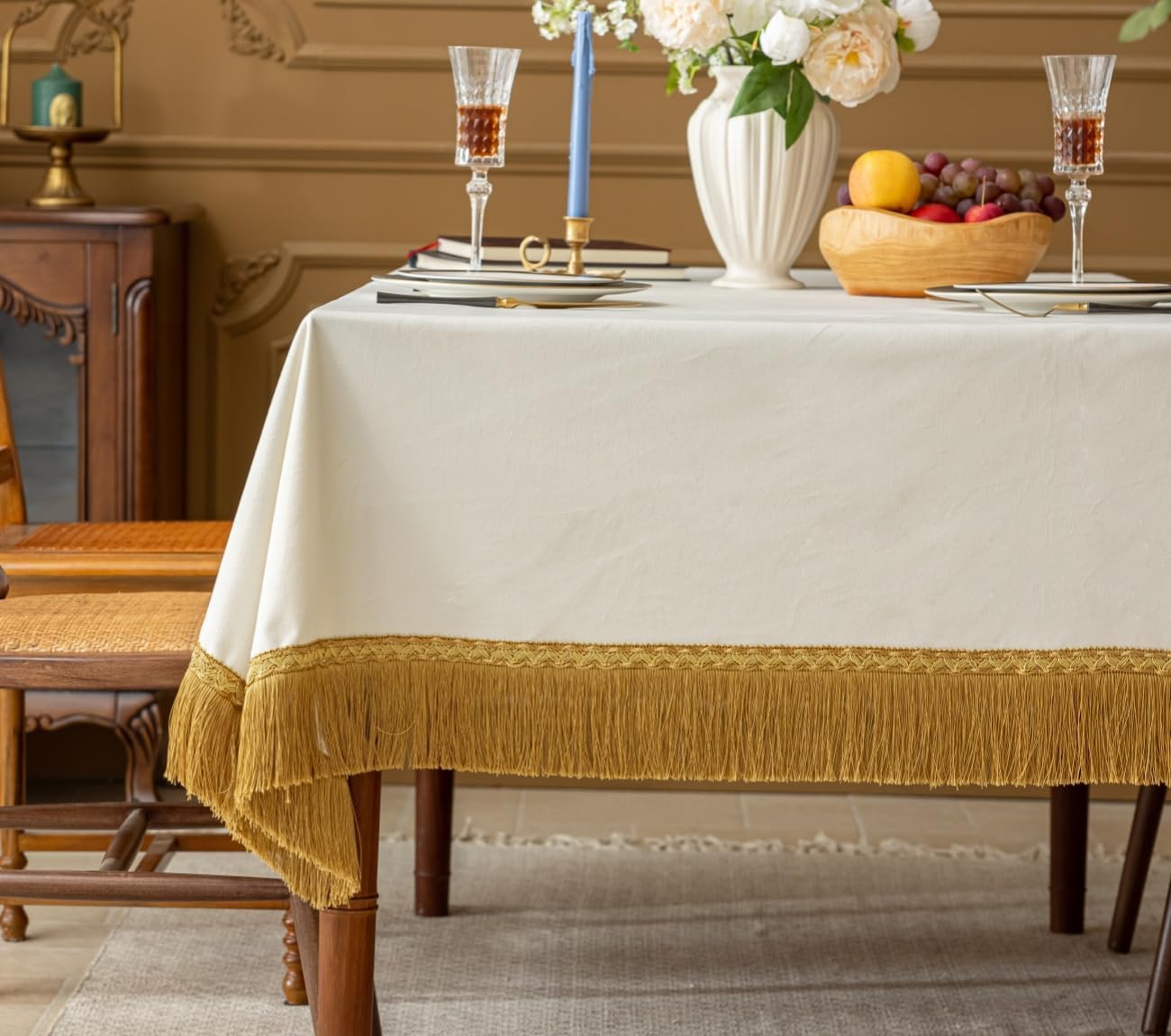 F-CHU White Tablecloth Thickset Velvet Tablecloth with Beautiful Gold Tassels Vintage Table Cloth for Home Decor Wedding, Party, Banquet and Events 60x120-Inch