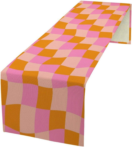 Checkered Table Runner Orange Retro 60s70s Boho Style Kitchen Restaurant Decoration Suitable for Indoor and Outdoor Festival Home Wedding Party Table Runner 13x60 Inch