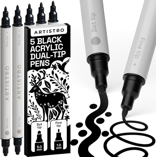 ARTISTRO 5 Black Dual-Tip Acrylic Paint Pens for Rock, Ceramic, Glass, Wood, Fabric - Black Markers for Acrylic Painting, 5mm Dot + 1mm Fine Tips