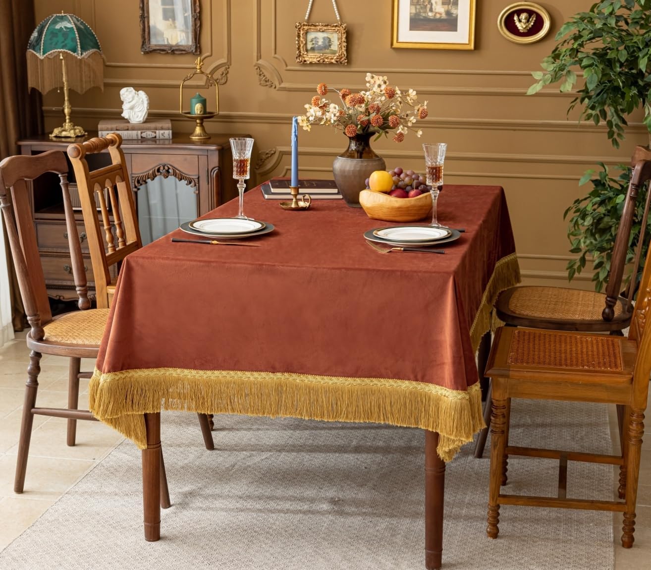 F-CHU Luxury Burnt Orange Tablecloth Thickset Velvet Tablecloth with Beautiful Gold Tassels Table Cloth for Home Decor Wedding, Party, Banquet and Events 60x102-Inch
