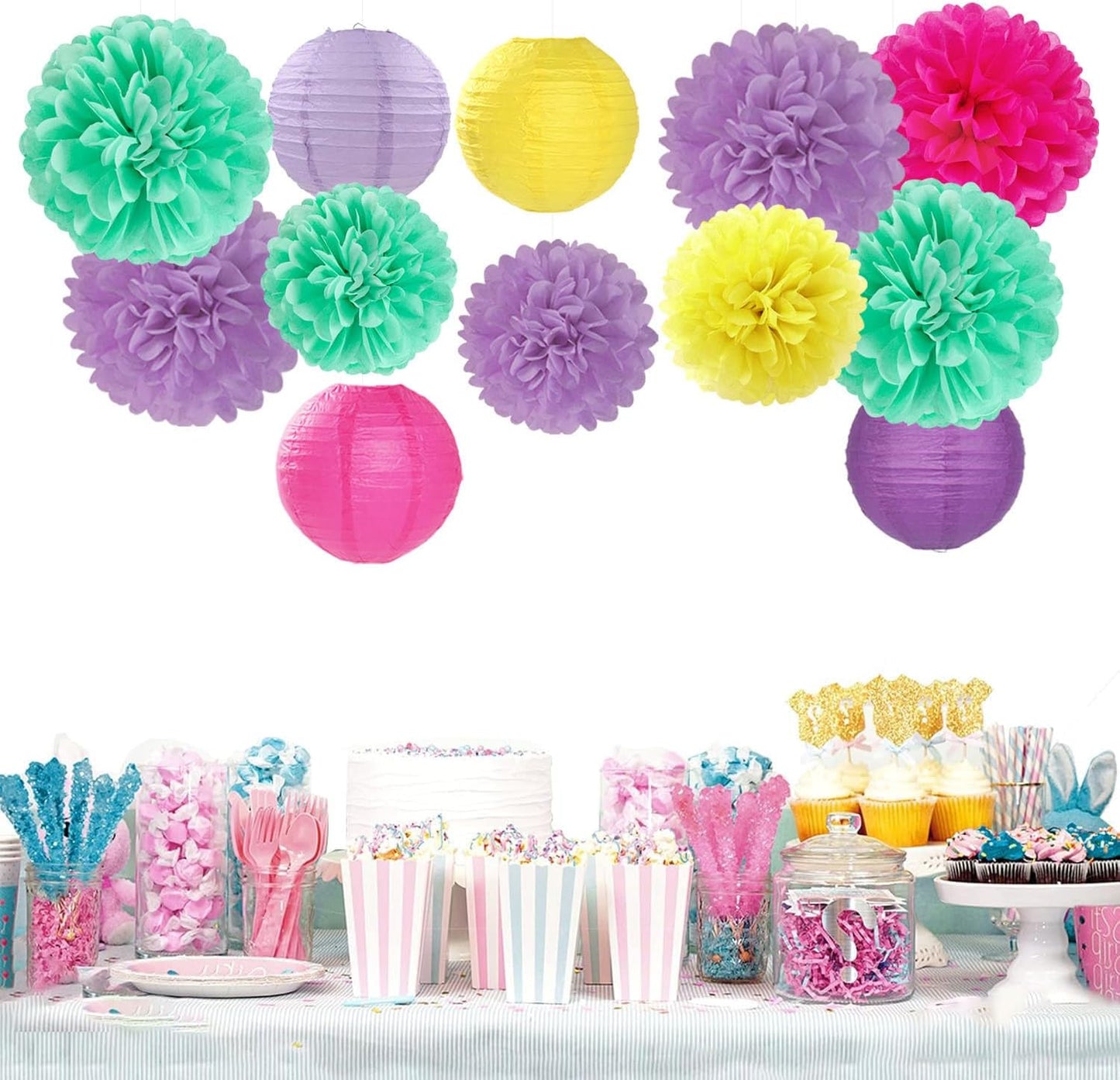 Hot-Pink Purple-Teal Yellow Paper-Flowers Lanterns - 15pc Kids Magic Theme Birthday Party Decorations Tissue Pom Poms Streamers,Bachelorette Bridal Baby Shower Engagement Wedding Decor Panduola