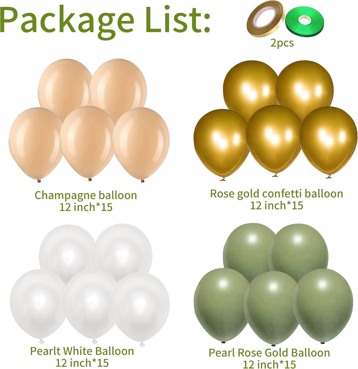 Balloons Green Gold, 60 Packs 12 Inch Retro Sage Green Gold Metallic Balloon, Olive Green White Latex Balloons for Wedding, Birthday, Baby Shower, Safari Jungle Party, Anniversary Decorations