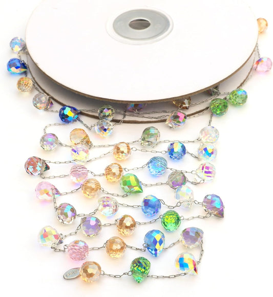 Christmas Garland, 9.8Ft Crystal Glass Beads Strands, 100pcs 10mm Faceted Waterdrop Glass Beads Hanging Ornament for Christmas Tree Centerpieces Wedding Party Decorations (Multicolor)