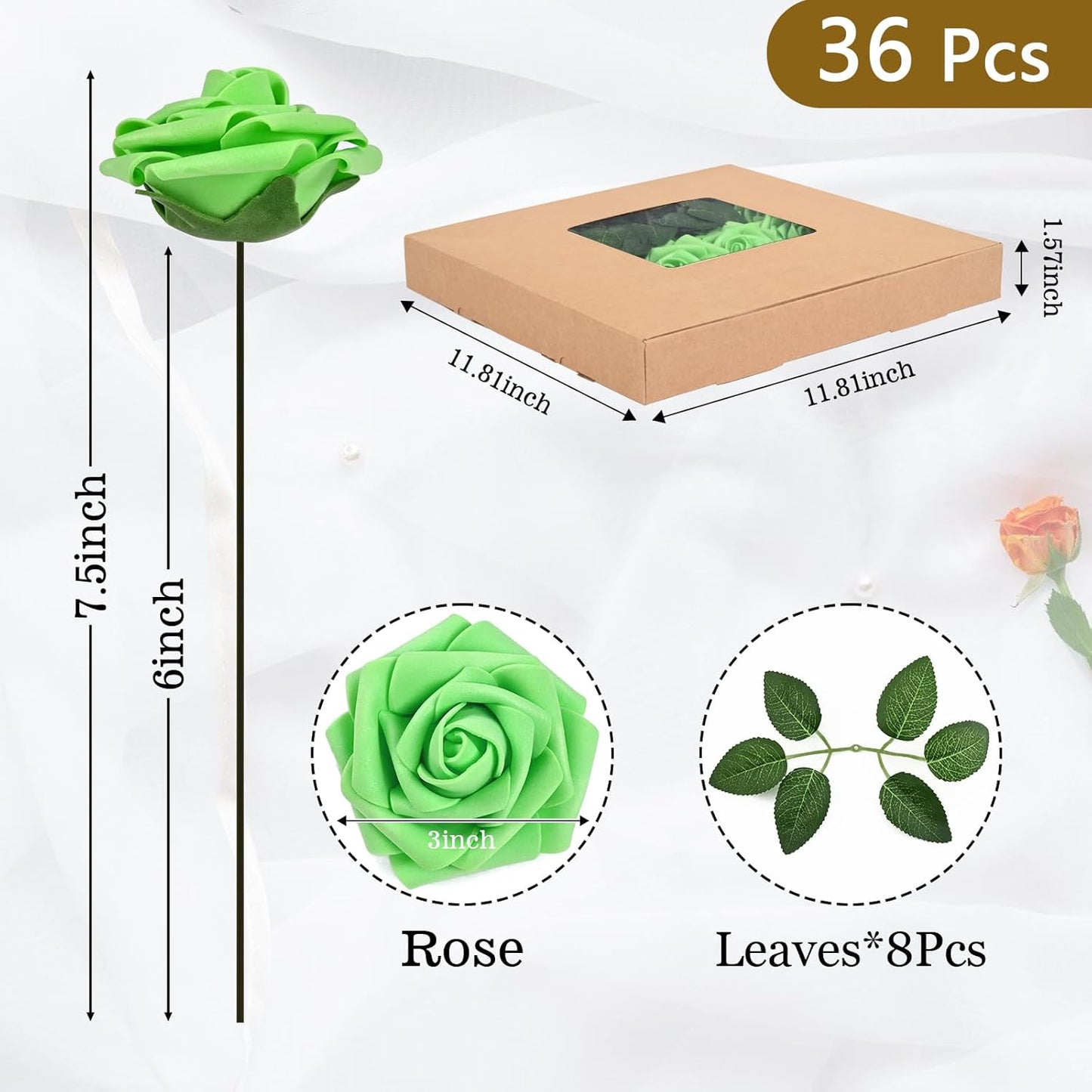 BLEUM CADE 36Pcs Artificial Flowers Fake Roses with Stems, Bright Green Boxed Foam Roses for DIY Bouquets Centerpieces Wedding Party Arrangement Bridal Shower Decor