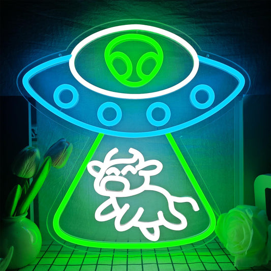 Alien Neon Sign Dimmable UFO Neon Signs for Wall Decor Bedroom Man Cave Alien Spaceship Cow Neon Sign for Kids Birthday Gift
