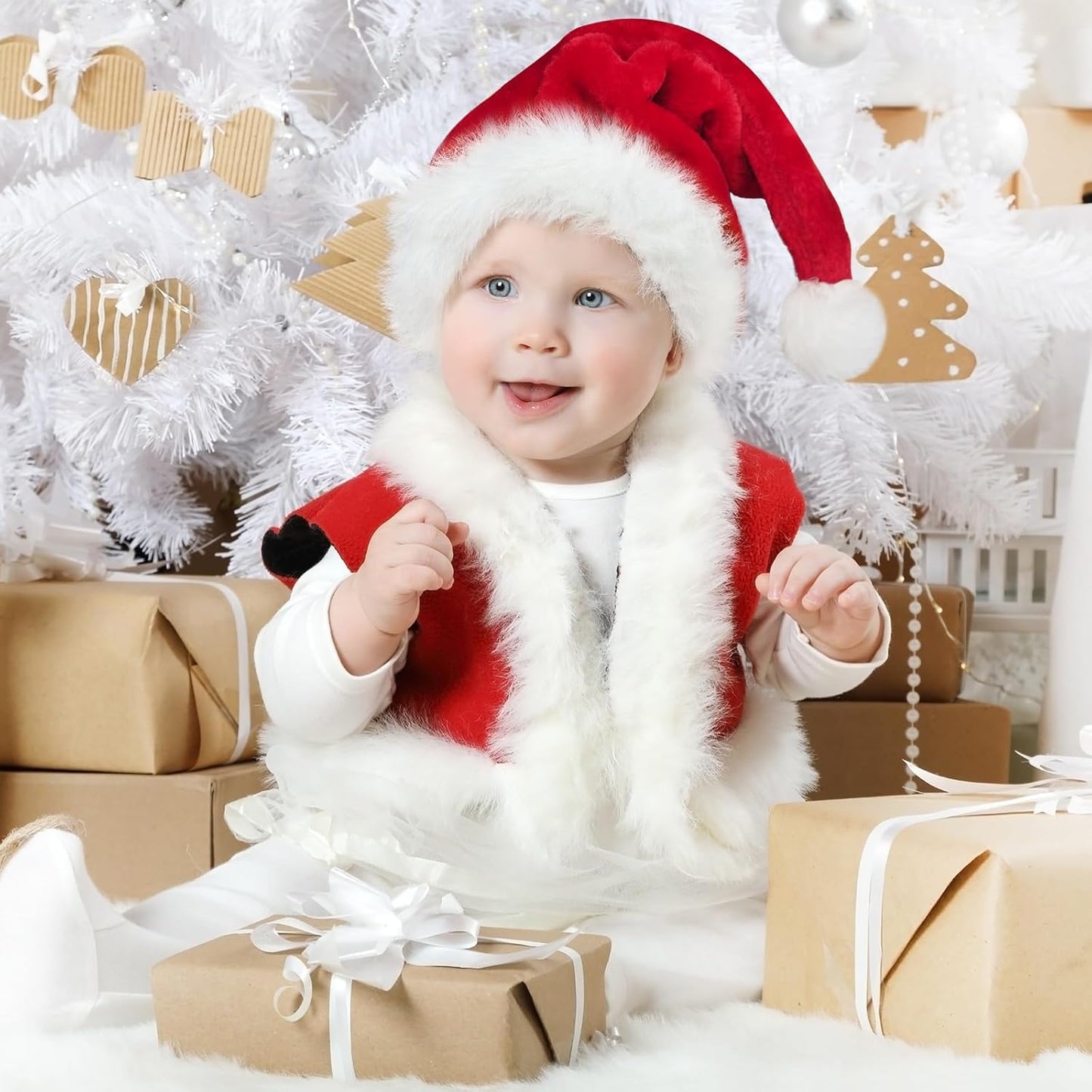 Christmas Hats, Santa Hat for Kids/Baby Unisex Warm Comfort Red Velvet Holiday Xmas Hat for New Year Festive Party Decoration