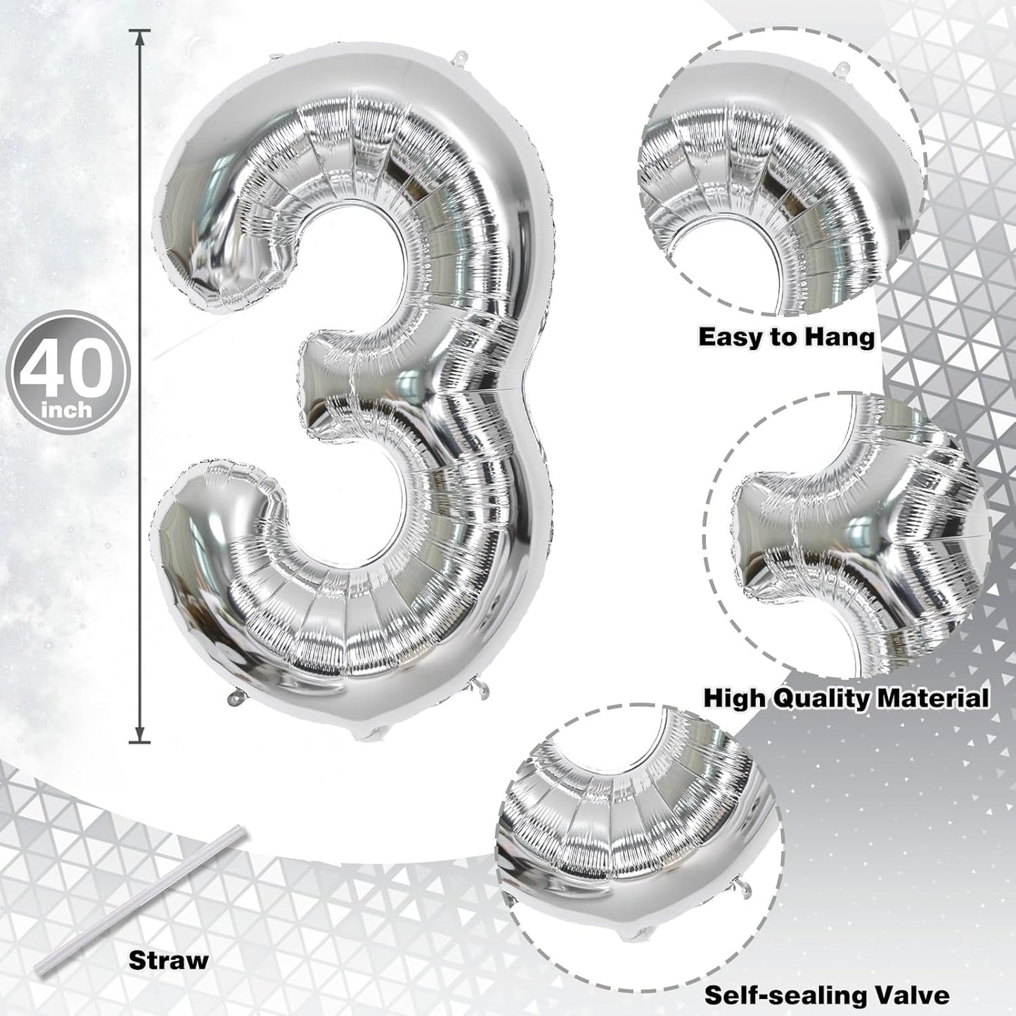 Silver 30 Number Balloons, 40 Inch Helium Foil Number 3 & 0 Balloons for 30 Year Old Birthday Decorations, Large Self Inflating Mylar Balloon for Men 30th Birthday Party Anniversary Decor Supplies