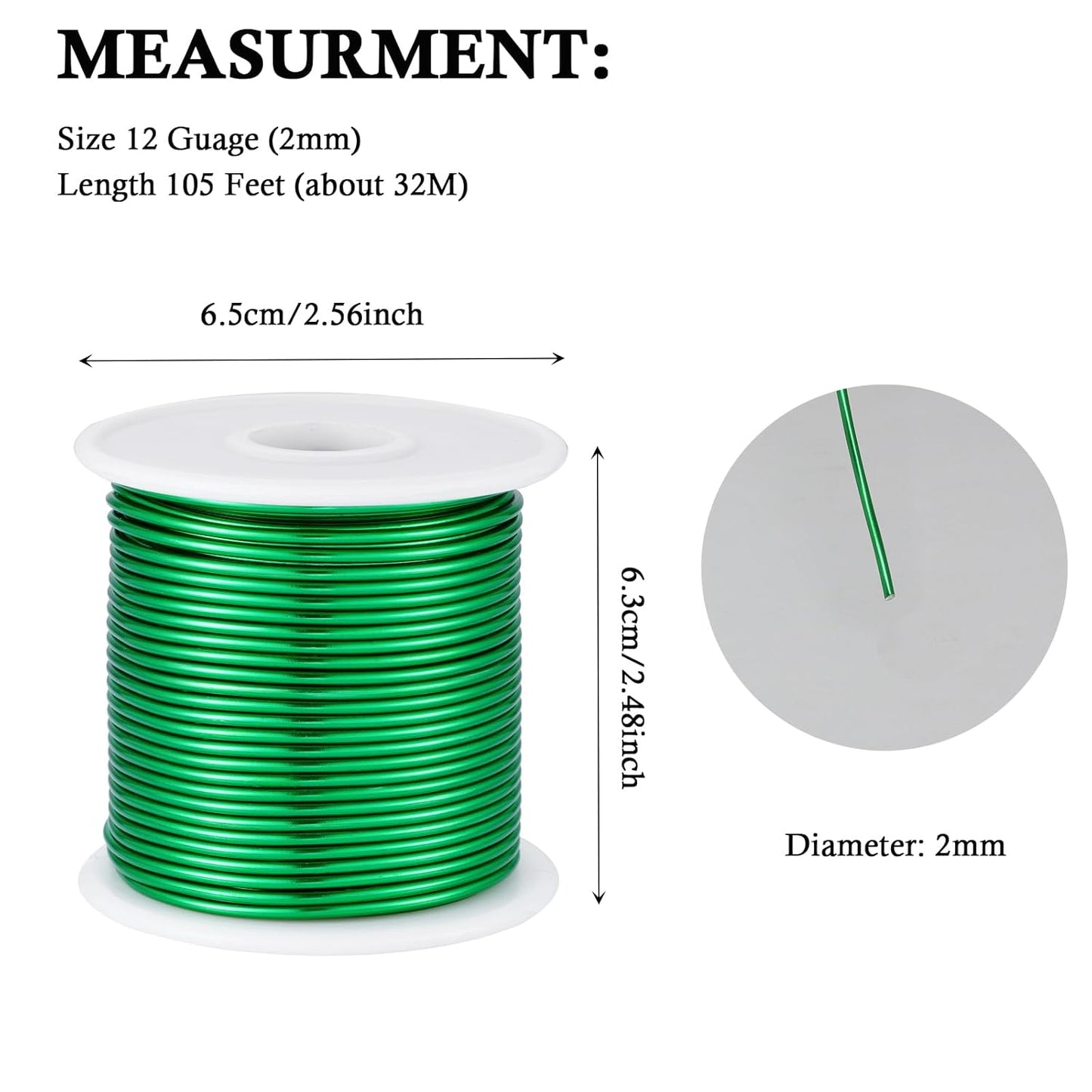 12 Gauge Green Aluminum Craft Wire (105FT) - Anodized for Jewelry Making, Beading Floral, Plant Gardening, Sculpting & Modeling Craft Wire (Green #25, 2mm)