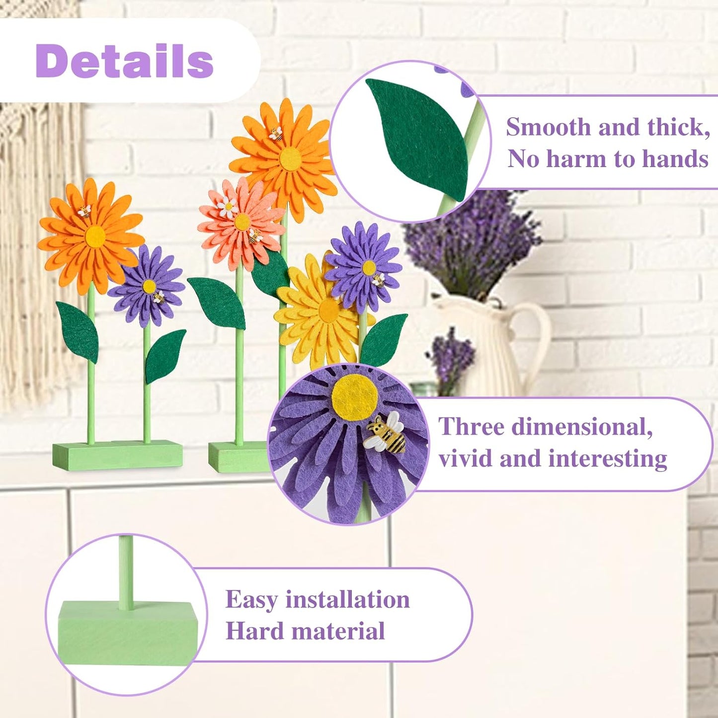 8 PCS Daisy Felt Centerpieces for Tables Flower Party Decorations Daisy Birthday Decorations Yellow Orange Purple Fall Decorations for Home Girl Birthday Baby Shower Thanksgiving Autumn Decor