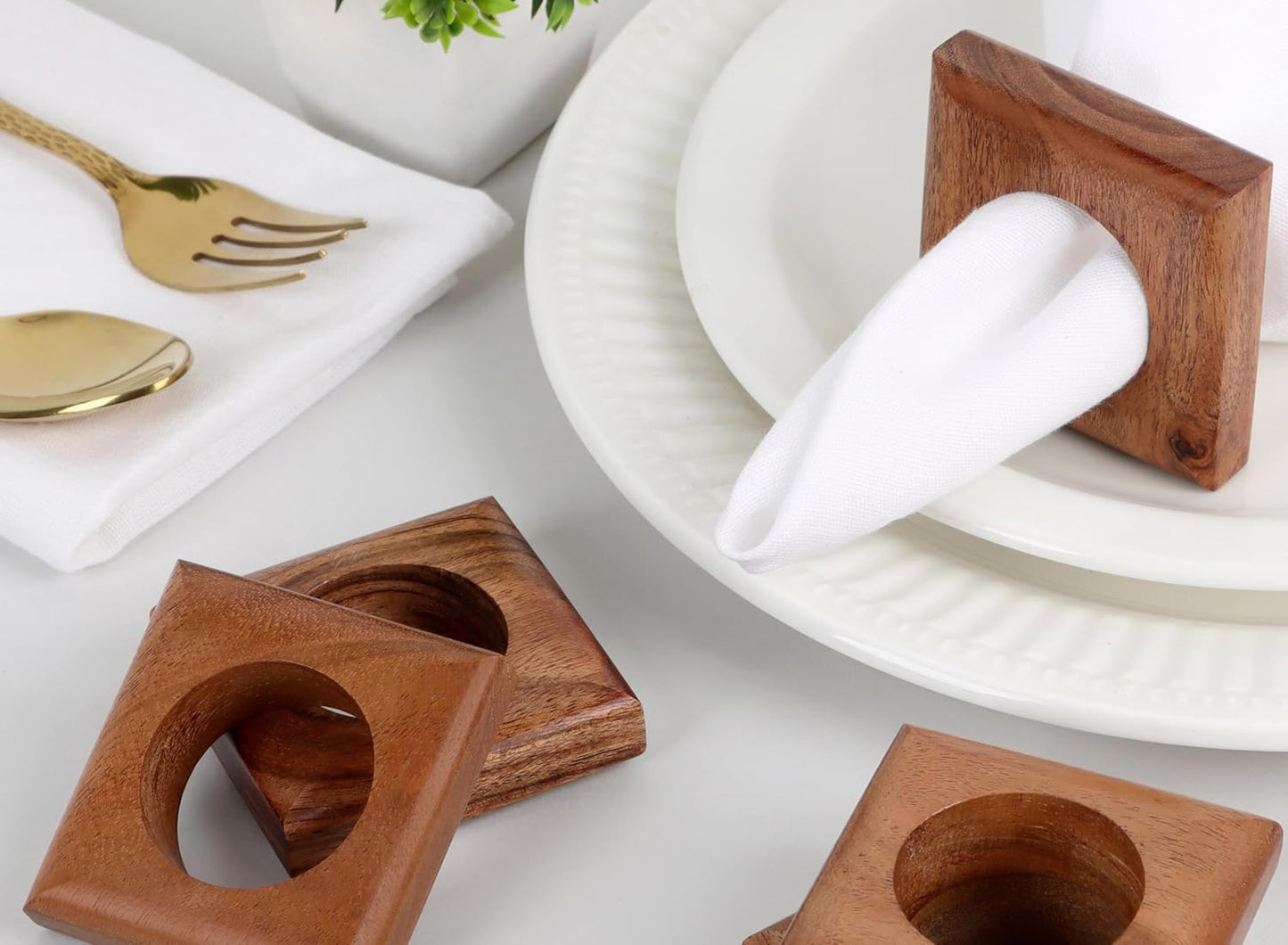 Wooden Napkin Rings Set of 12 Fall Decor for Home Square Acacia Wood Napkin Holders for Dining Table Settings Napkin Ring Rustic Table Décor for Weddings, Parties, Everyday Use (Brown) - CLEENTABLE