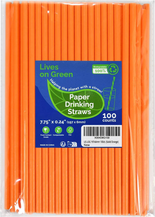 7.75 inch Solid Orange Paper Drinking Straws Unwrapped 100 Counts for Cocktail, Bar, Restaurants, Water, Juice, Soda