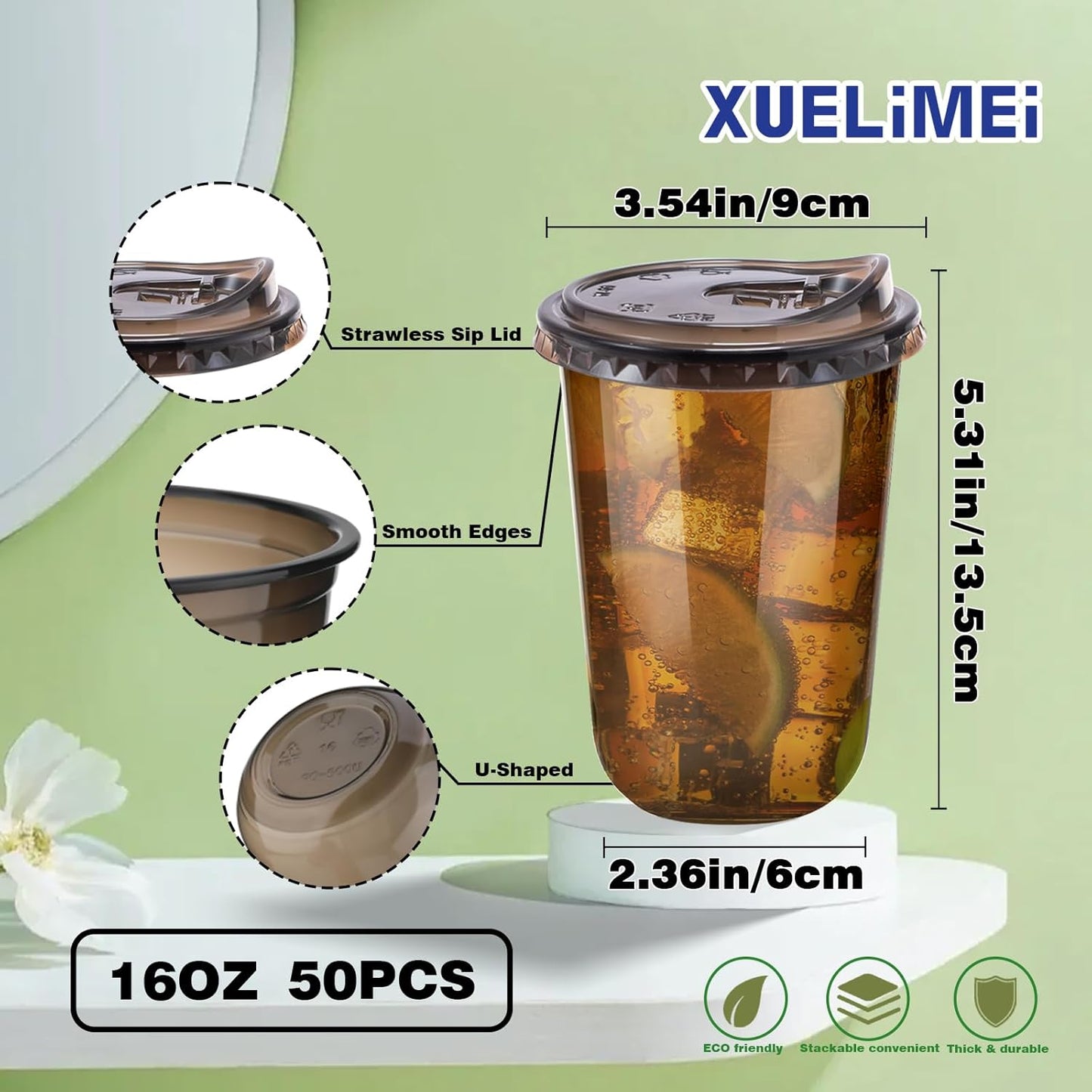 16oz Disposable Stemless Glasses With Strawless Sip Lids,PET Disposable Drinking Cups,Clear Plastic Wine Glasses for Parties Birthday,Wedding,Meeting,Christmas Party Supplies (50, Black)