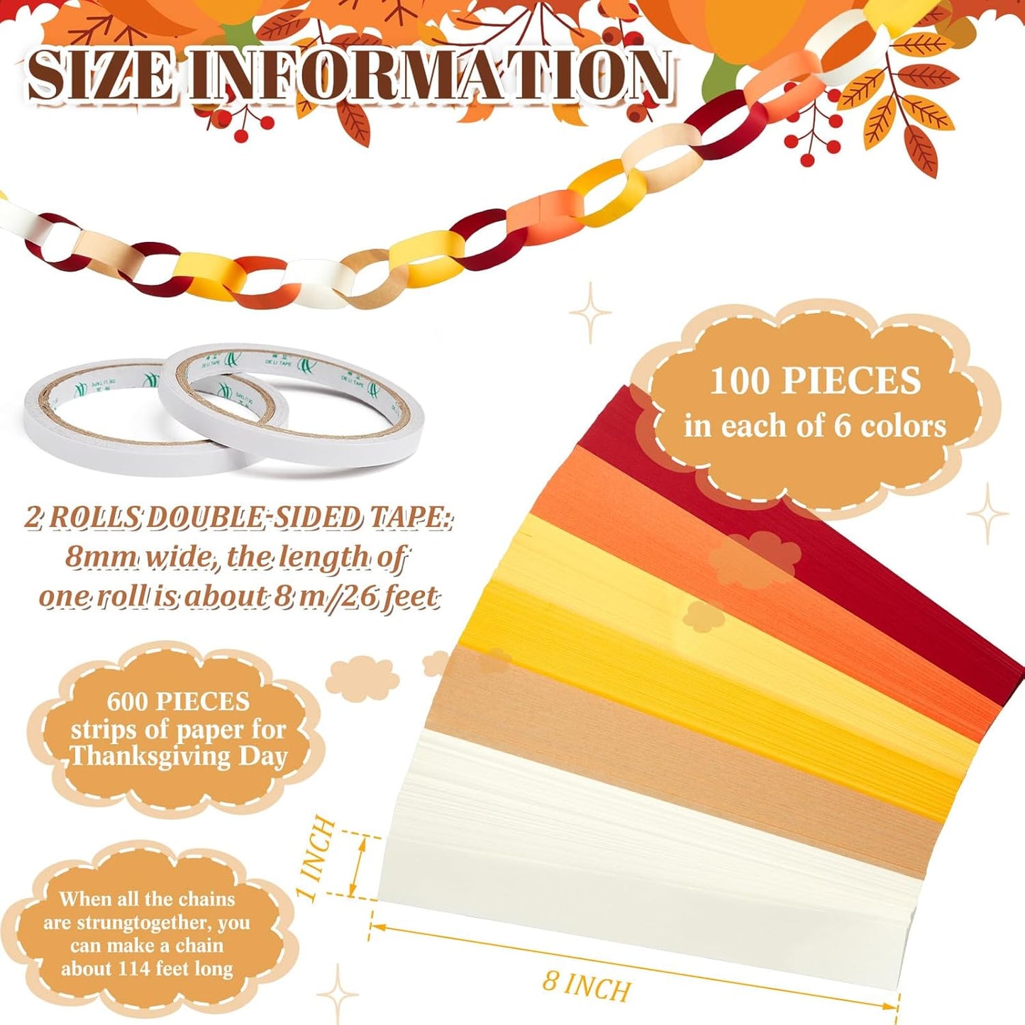 Lincia 600 Sheet Halloween Paper Chain Garland, Construction DIY Crafts Chain Strip for Fall Thanksgiving Party Decor, 1x8 Inch with Double Sided Tape (Thanksgiving)