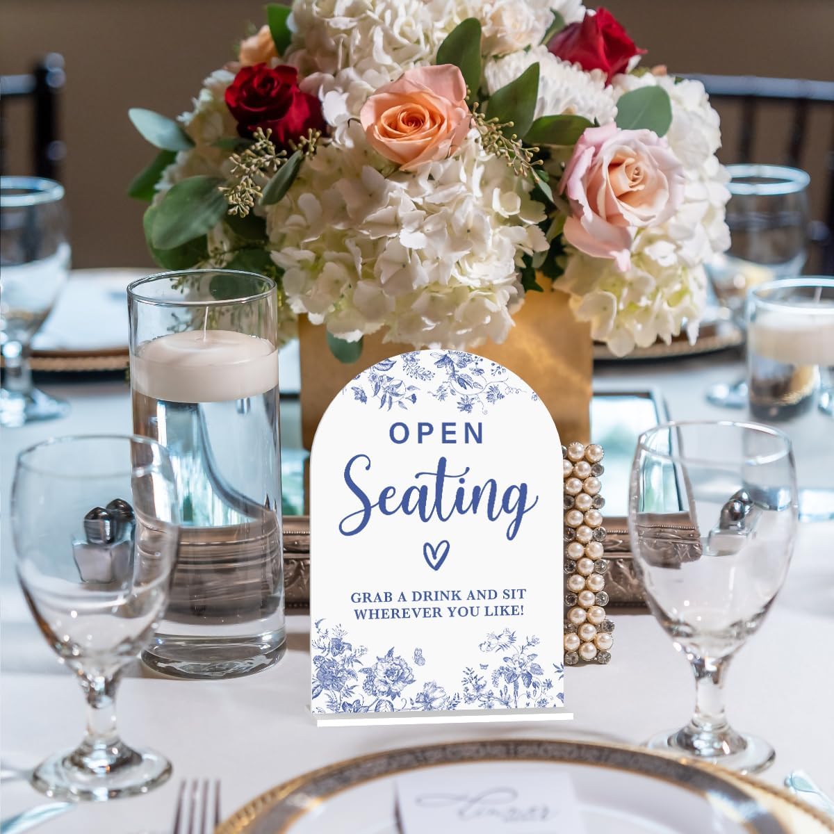 Acrylic Wedding Signs, Dusty Blue Wedding Decor, Blue Weddings Decor, Open Seating Signs for Reception, Modern Calligraphy Arch Acrylic Table Top Sign for Weddings Parties Dinners (White)