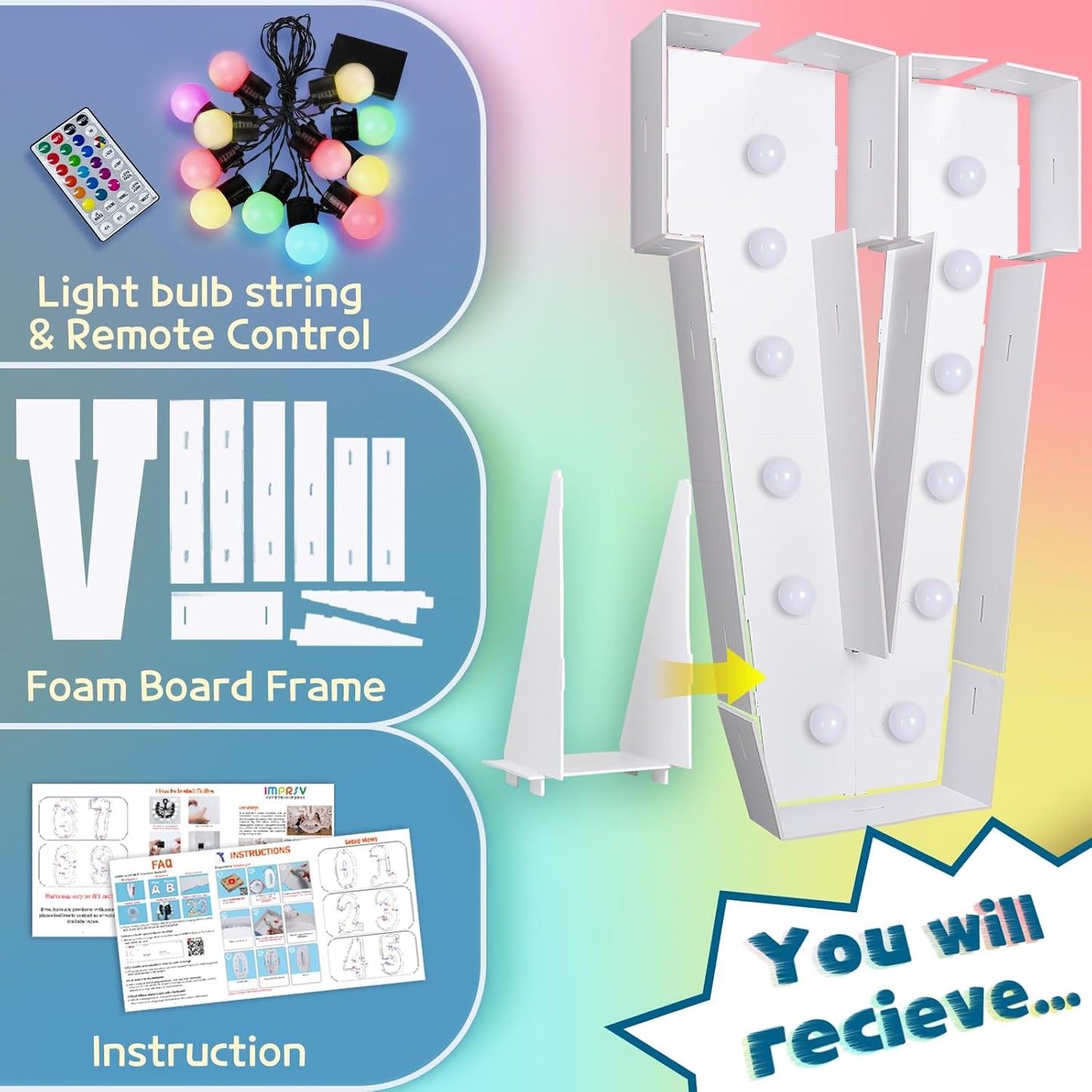 imprsv 4FT Colorful Marquee Light Up Letters V, 18 Colors Large Light up Letters Alphabet Sign with Remote, Large Marry Me Sign, Birthday Party Decorations Baby Shower Anniversary Wedding Decoration