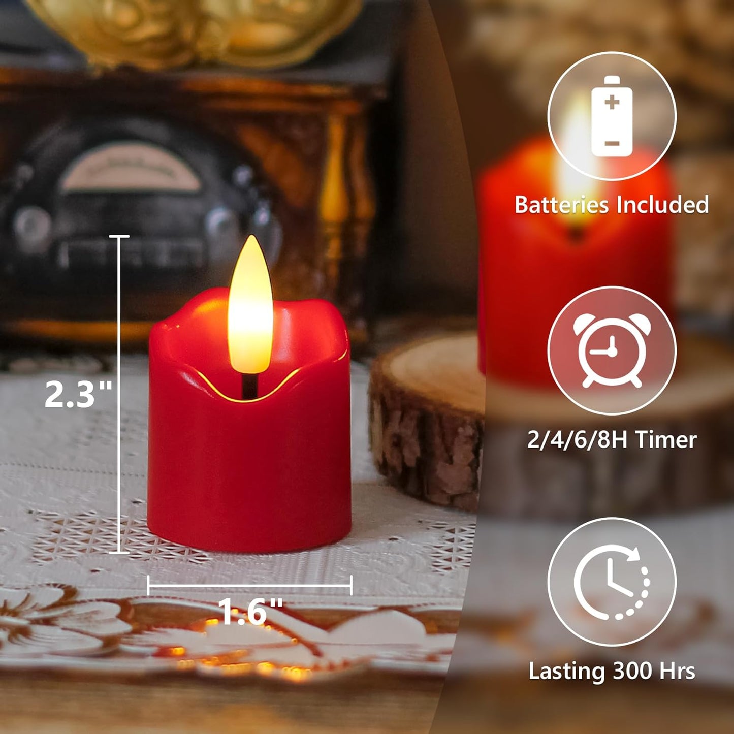 6 Pack Battery Operated Auto Daily Timer Burgundy Plastic LED Flameless Votive Candles, Long Runtime 1.6" x2.3" Flickering Tealight Candles with Remote Control