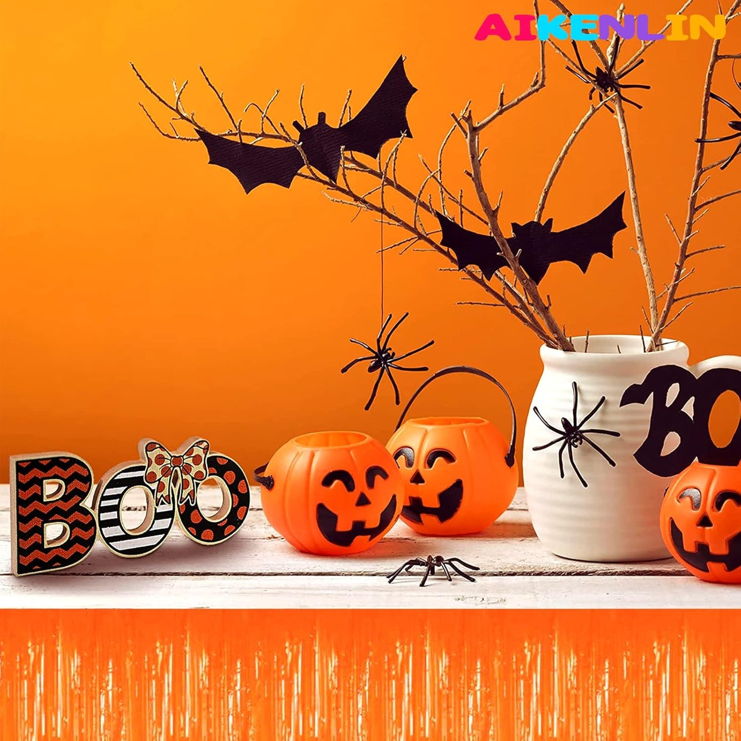 6 Pack 29x108 Inch Metallic Foil Fringe Tinsel Table Skirts Banner for Rectangle Tables Streamer Garland Curtains Backdrop for Wedding, Birthday, Parade Floats, Christmas Party Decoration(Orange)