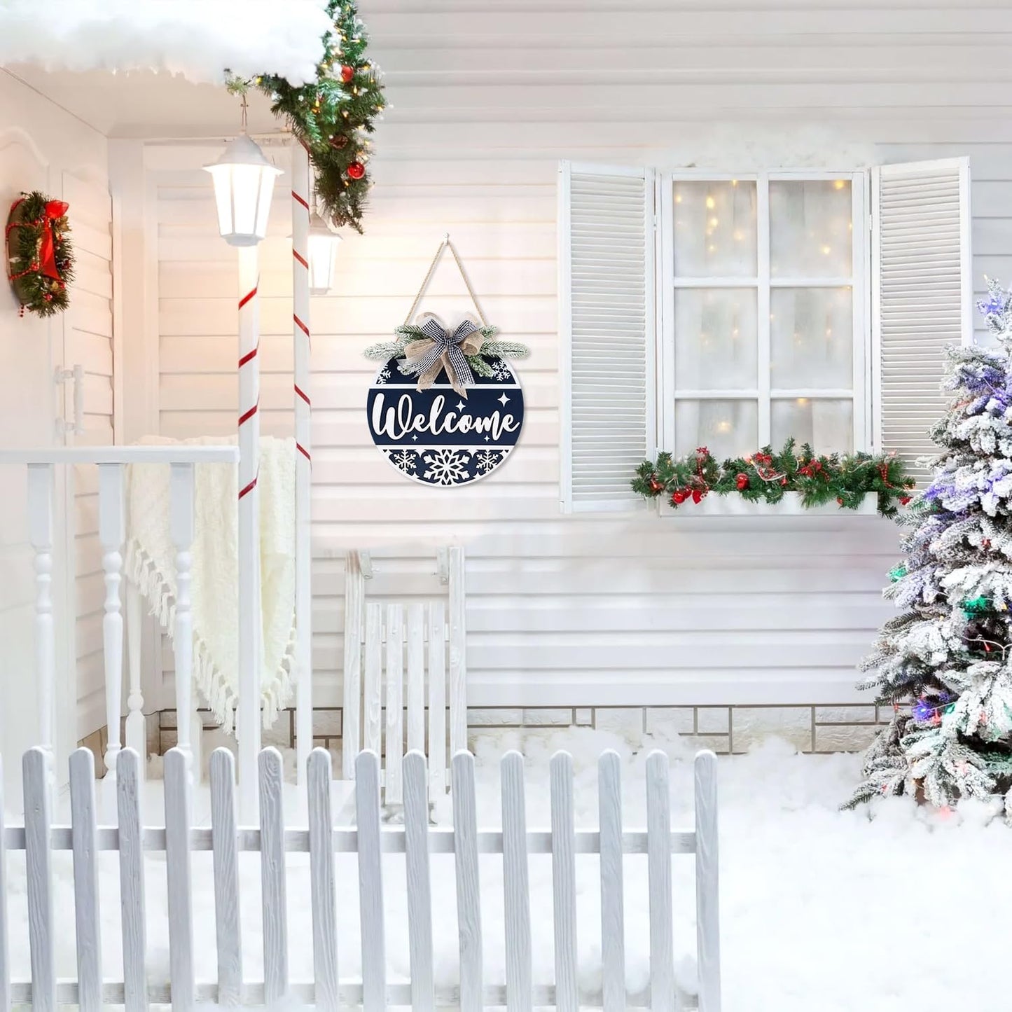 CHDITB Blue Welcome Winter Front Door Sign Wreath(11.4”), Wooden 3D Welcome Home Decoration Wall Hanging with Plaid Bow Snowflake, Farmhouse Christmas New Year Decor for Home Office