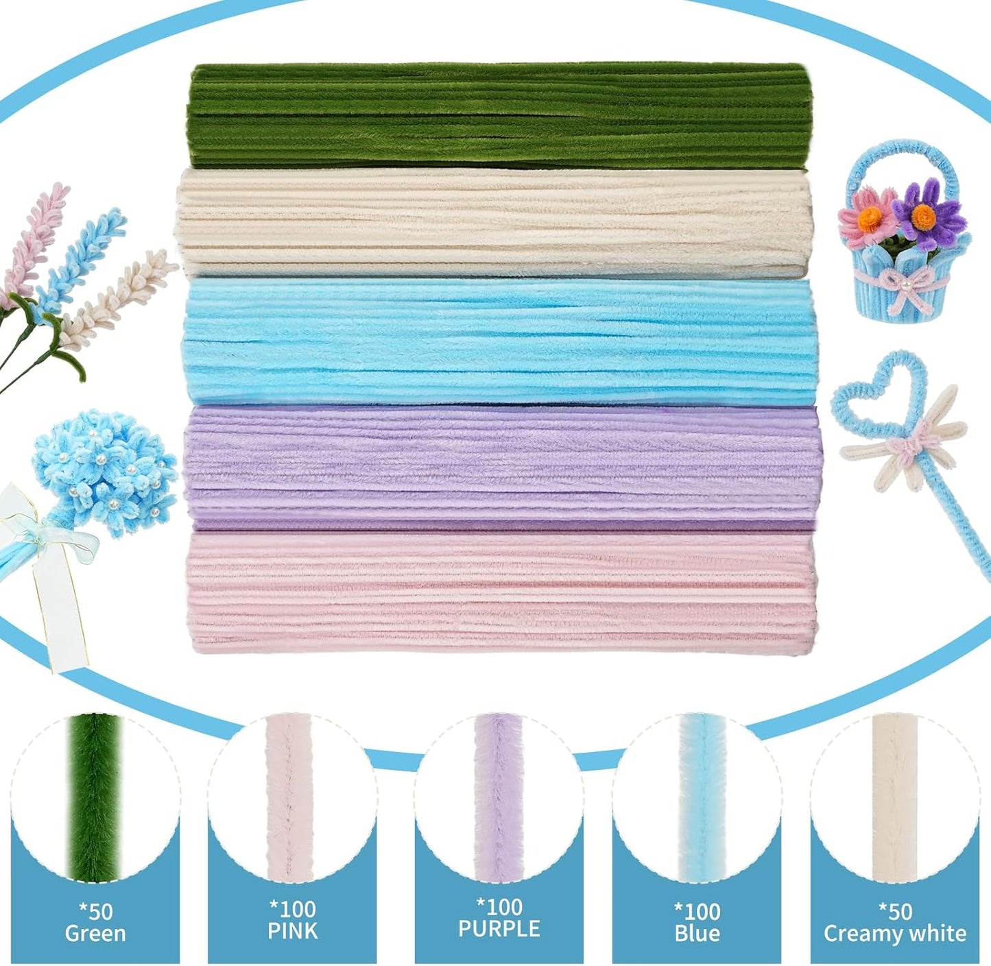 400 Pcs Soft Craft Pipe Cleaners Flowers,5 Colors Chenille Stems Bulk with Floral Wires, Gardening Tape,Greeting Card,Bouquet Paper,Hot Glue Stick,Pearl & Ribbon,Ideals for Various Types Decor