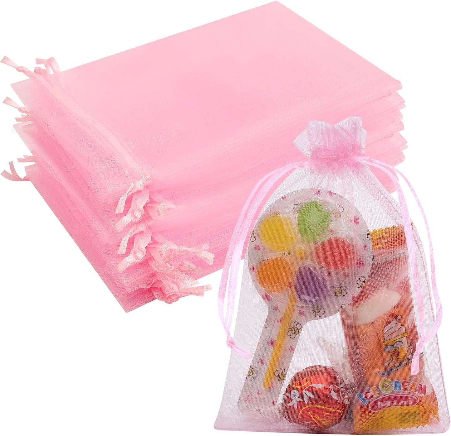 50 Pcs Pink Organza Bags 4x6 Inch, Jewelry Pouch Bags Small Mesh Bag Drawstring Gift Goody Bag for Party Favor Wedding