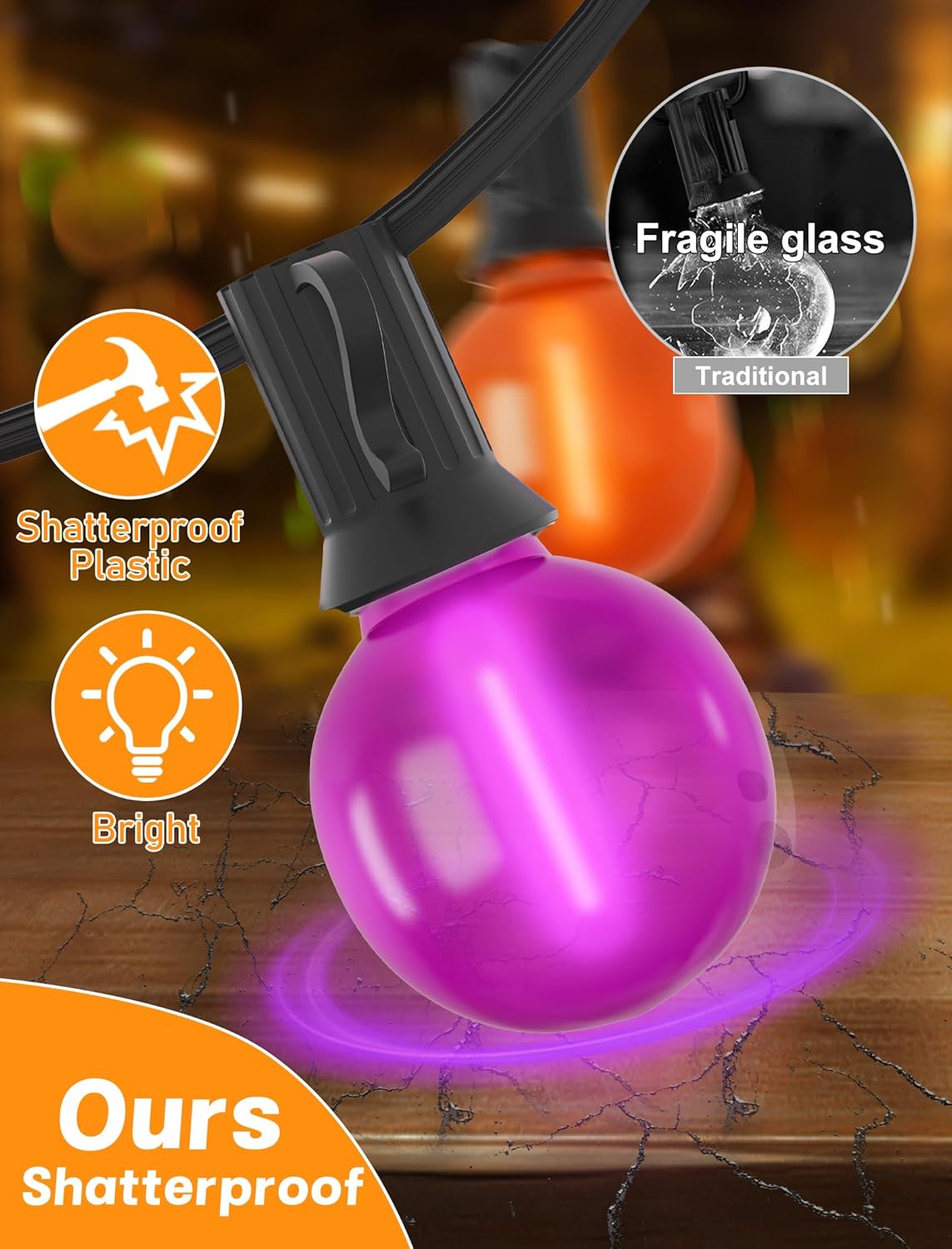 25ft Halloween String Lights Outdoor - G40 LED Orange and Purple String Lights with 27 Frosted Globe Bulbs(2 Spare), Vintage Halloween Decorations for Patio Balcony Porch Yard