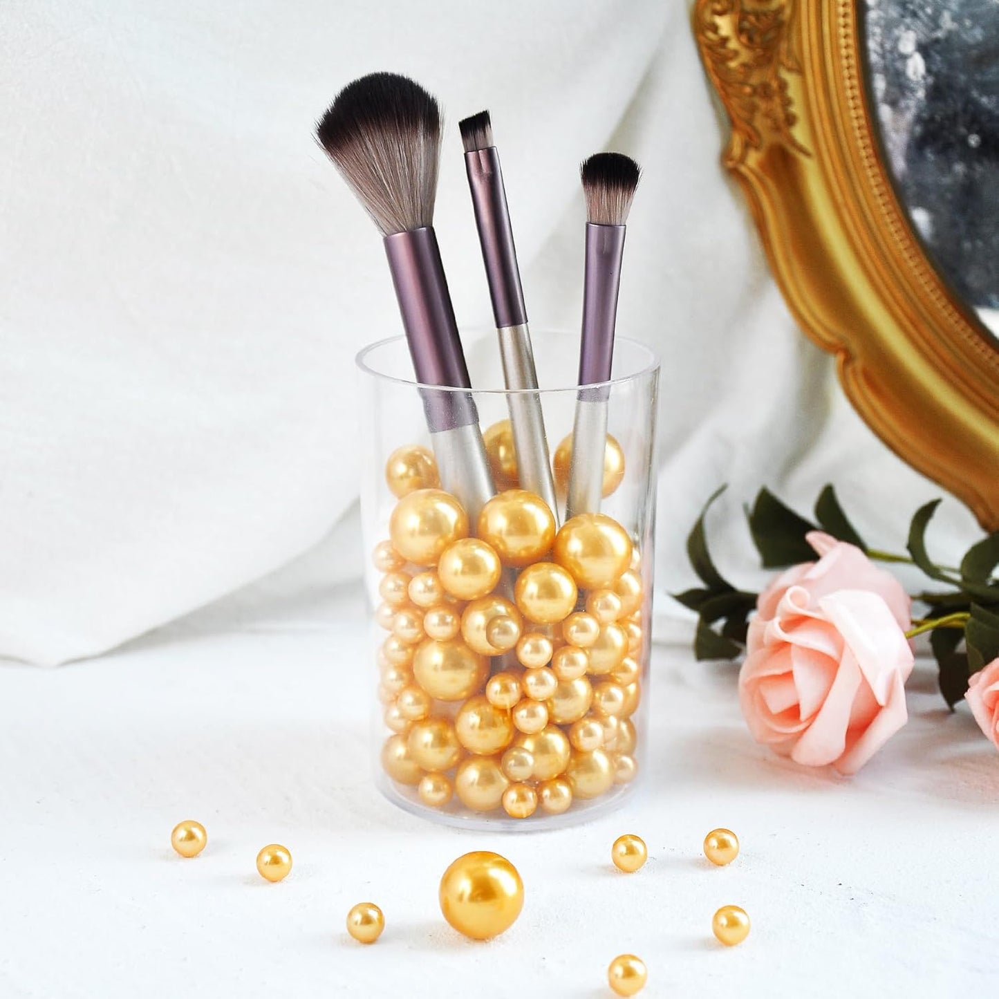 520Pcs Gold Beads for Centerpieces Decor, Artifical Pearls Vase Filler, Large Beads for Makeup Brush, No Hole Round Pearl Beads for Wedding Birthday Christmas Party Home Decor(18mm 14mm 6mm)