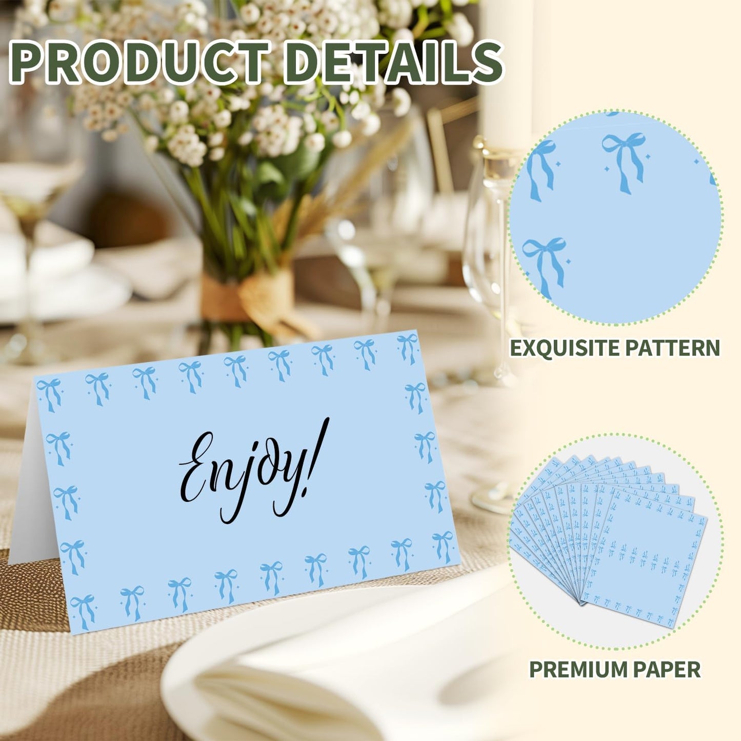 25 Bow Place Cards for Table Seating, Blue Wedding Name Place Card, Tent Cards for Birthday Bridal Shower Baby Shower Reception Dinner Party Decorations -A20