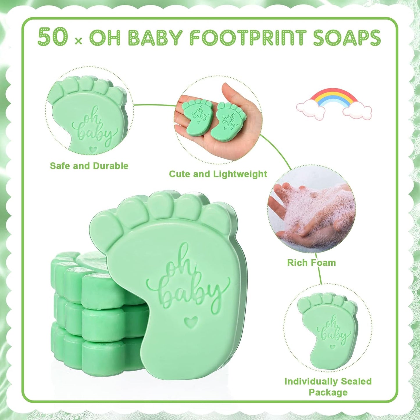 50 Sets Baby Shower Soap Favors for Guests - Mini Handmade Footprint Scented Soap with Thank You Cards and Organza Bag, Party Gifts for Gender Reveal Baptism Shower(Light Green)