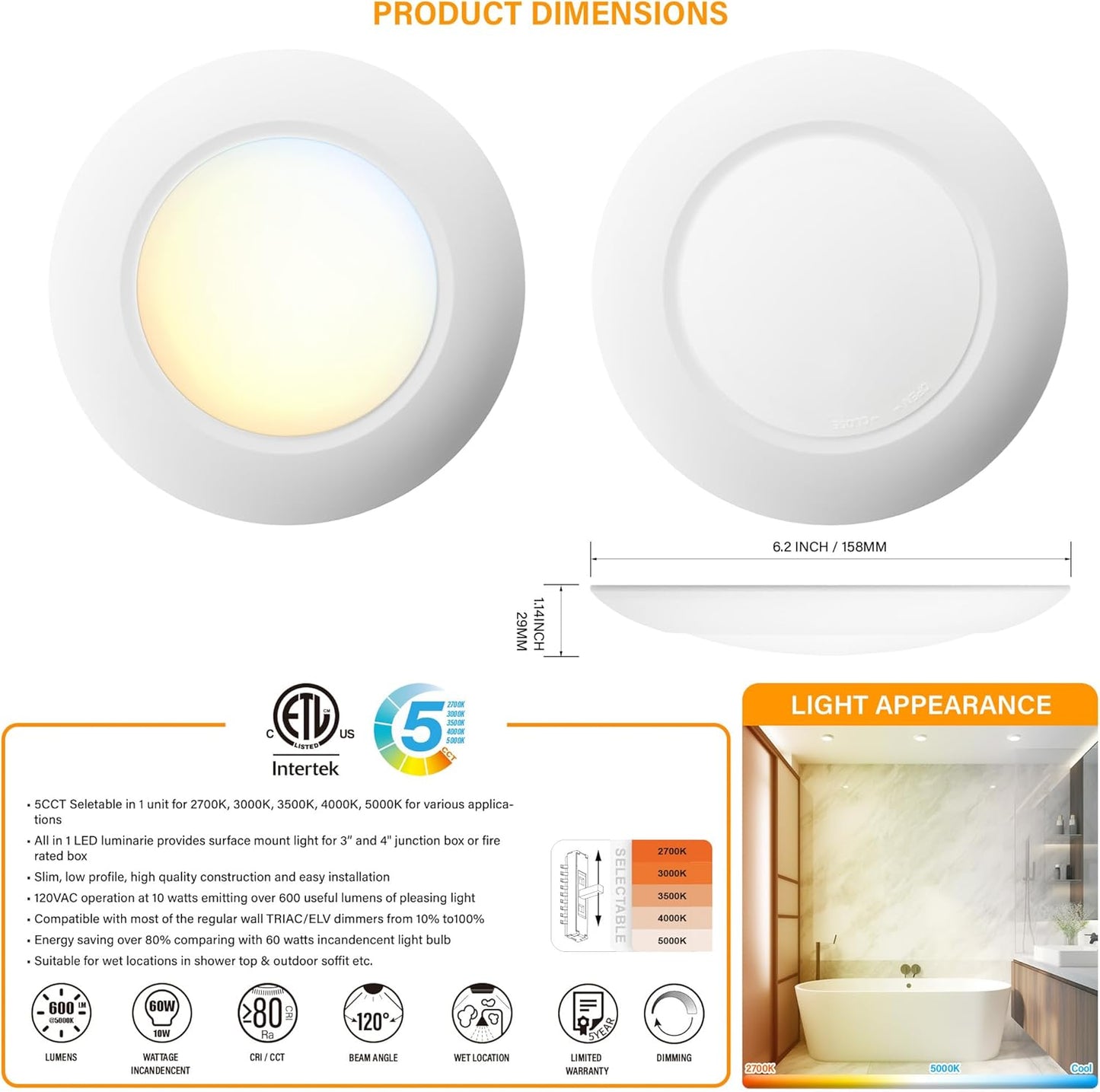 10 Packs 4 Inch White LED Low Profile Recessed & Surface Mount Disk Light, Round, 10W, 600 Lumens, 5CCT Field Selectable, CRI80, DOB Design, Dimmable, Wet Rated & ETL Listed